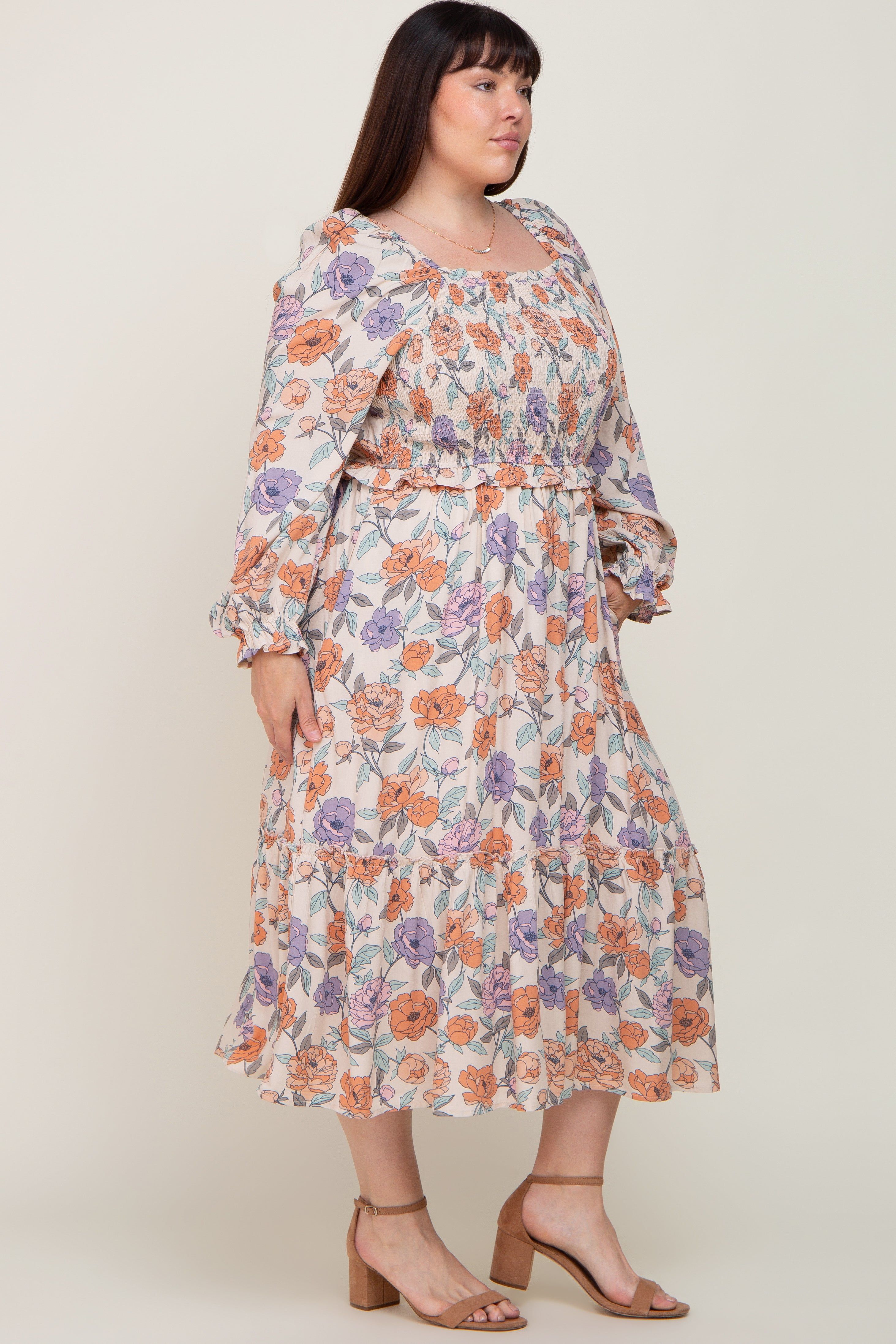 Taupe Multi-Color Floral Plus Midi Dress sold by Pinkblush product image thumbnail 2