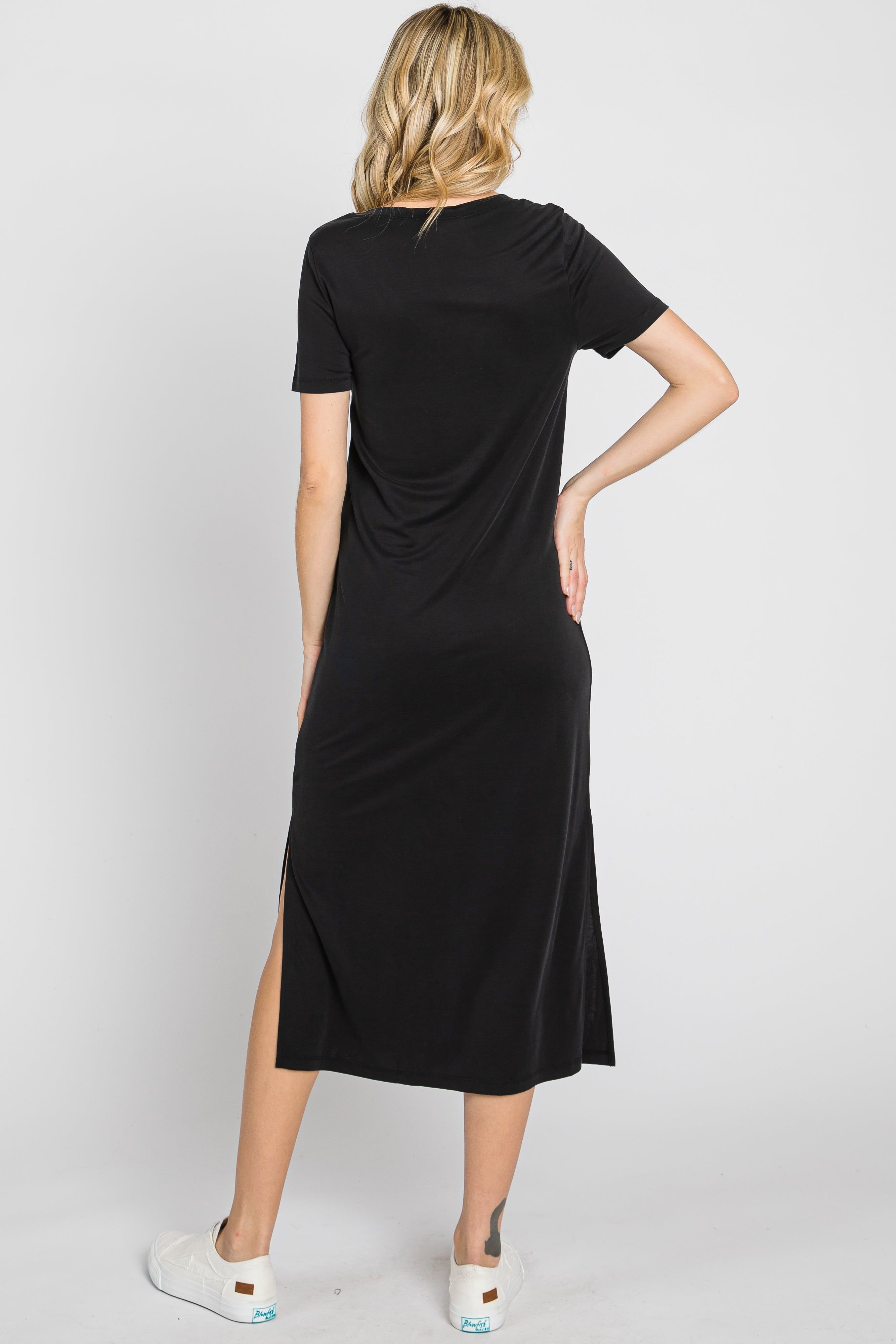 Black V-Neck Short Sleeve Side Slit Midi Dress sold by Pinkblush product image thumbnail 3