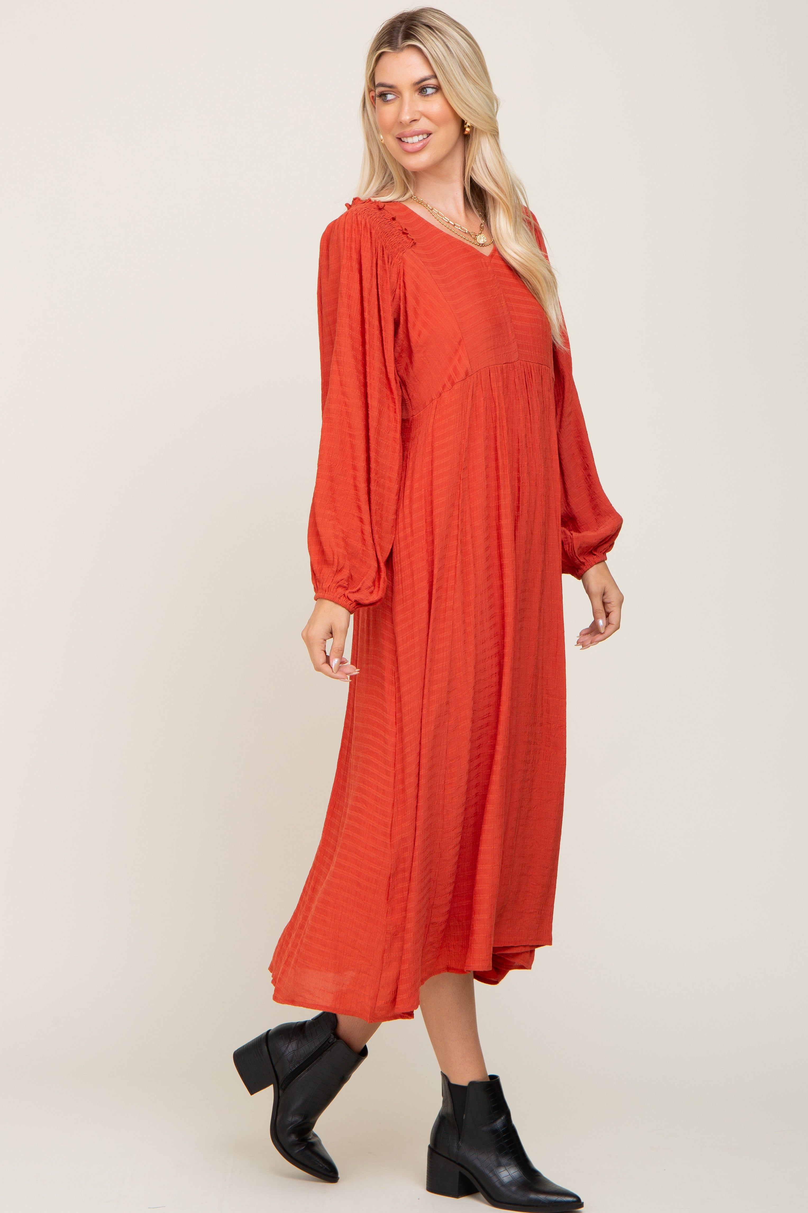 Rust V-Neck Smocked Accent Maxi Dress sold by Pinkblush product image thumbnail 2