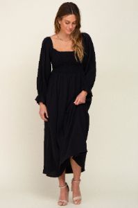 Black Gauze Smocked Midi Dress sold by Pinkblush