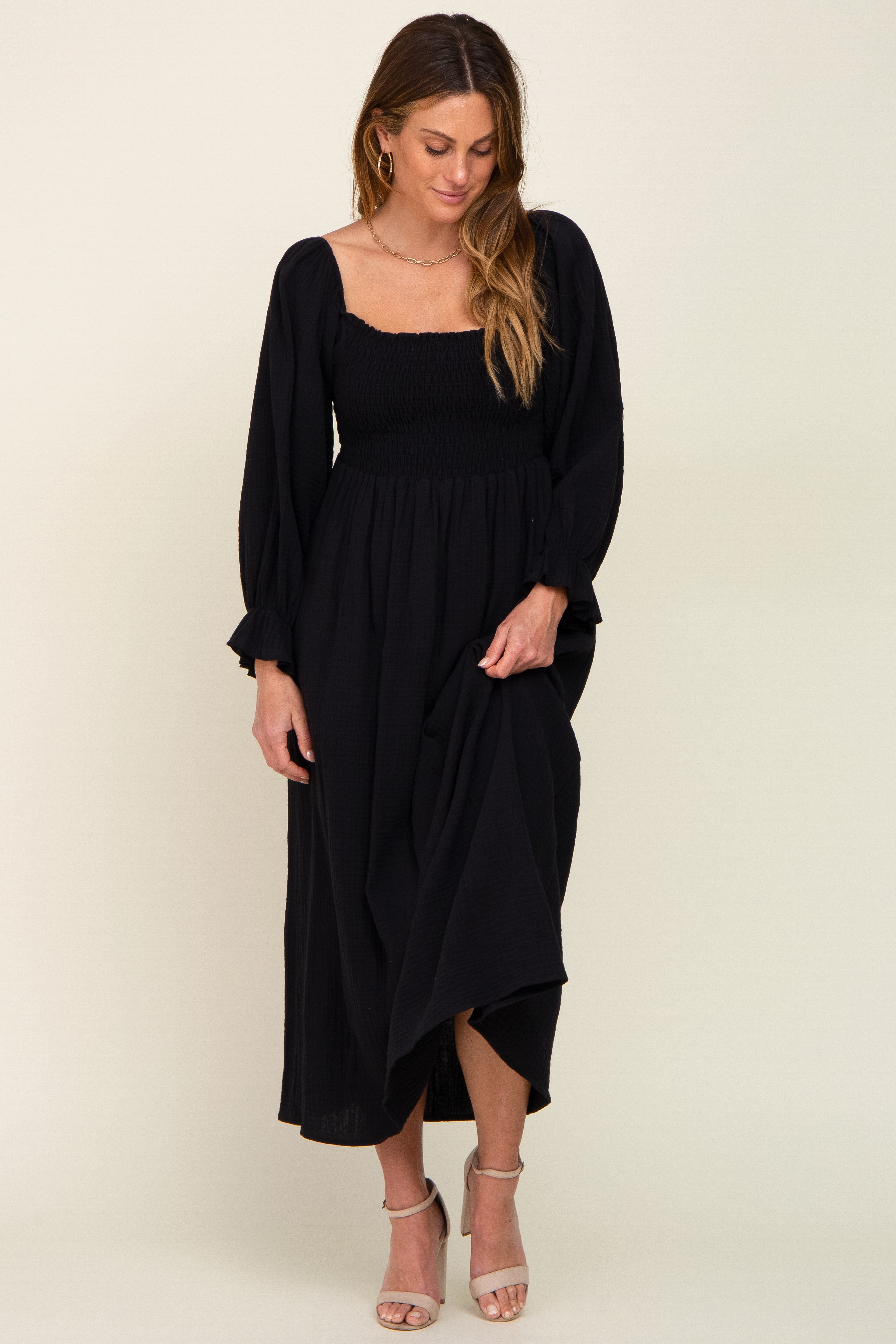 Black Gauze Smocked Midi Dress sold by Pinkblush product image thumbnail 5