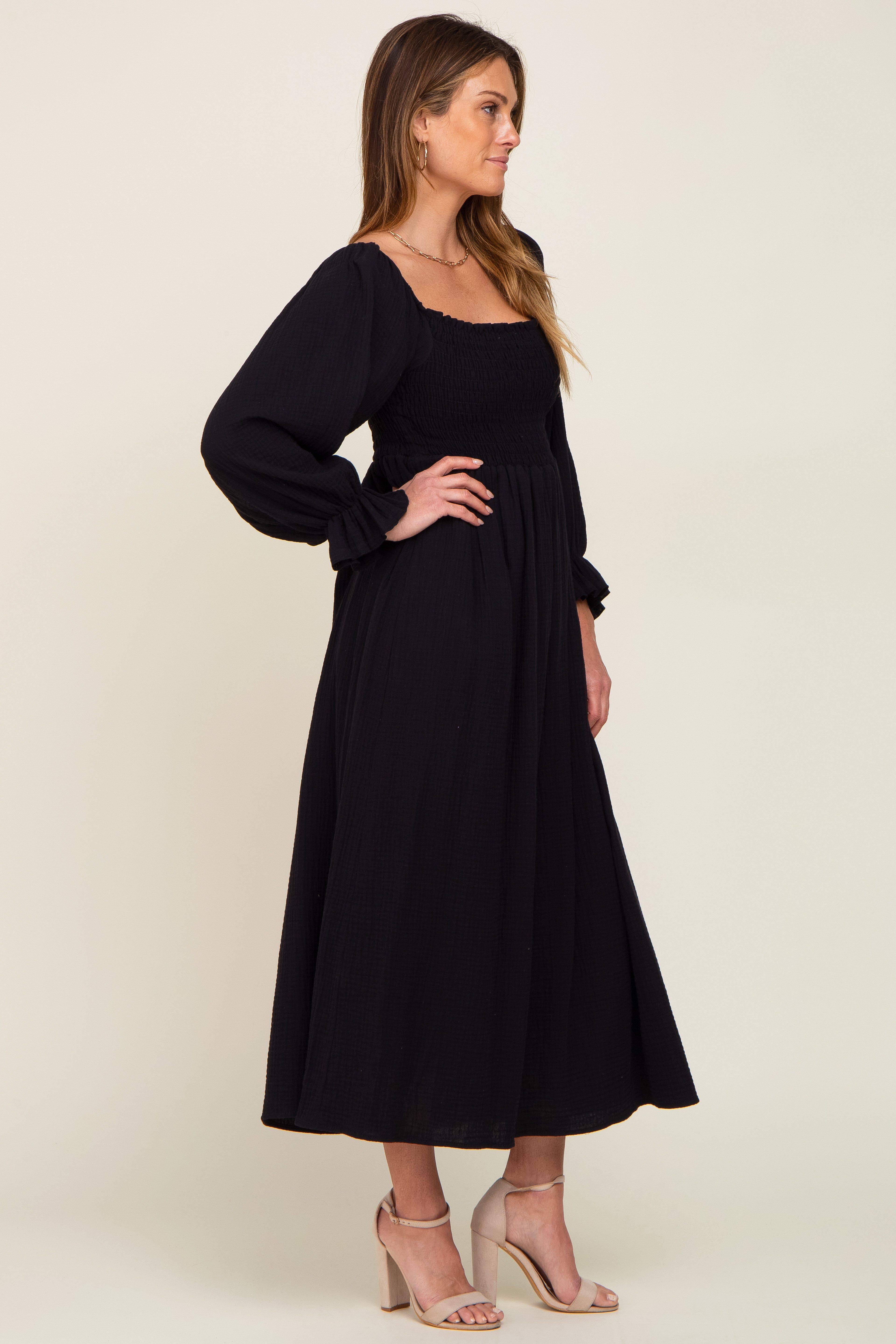 Black Gauze Smocked Midi Dress sold by Pinkblush product image thumbnail 2