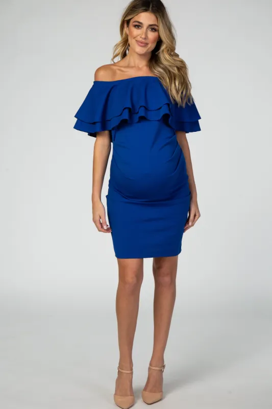 Royal Blue Off Shoulder Ruched Maternity Dress sold by Pinkblush