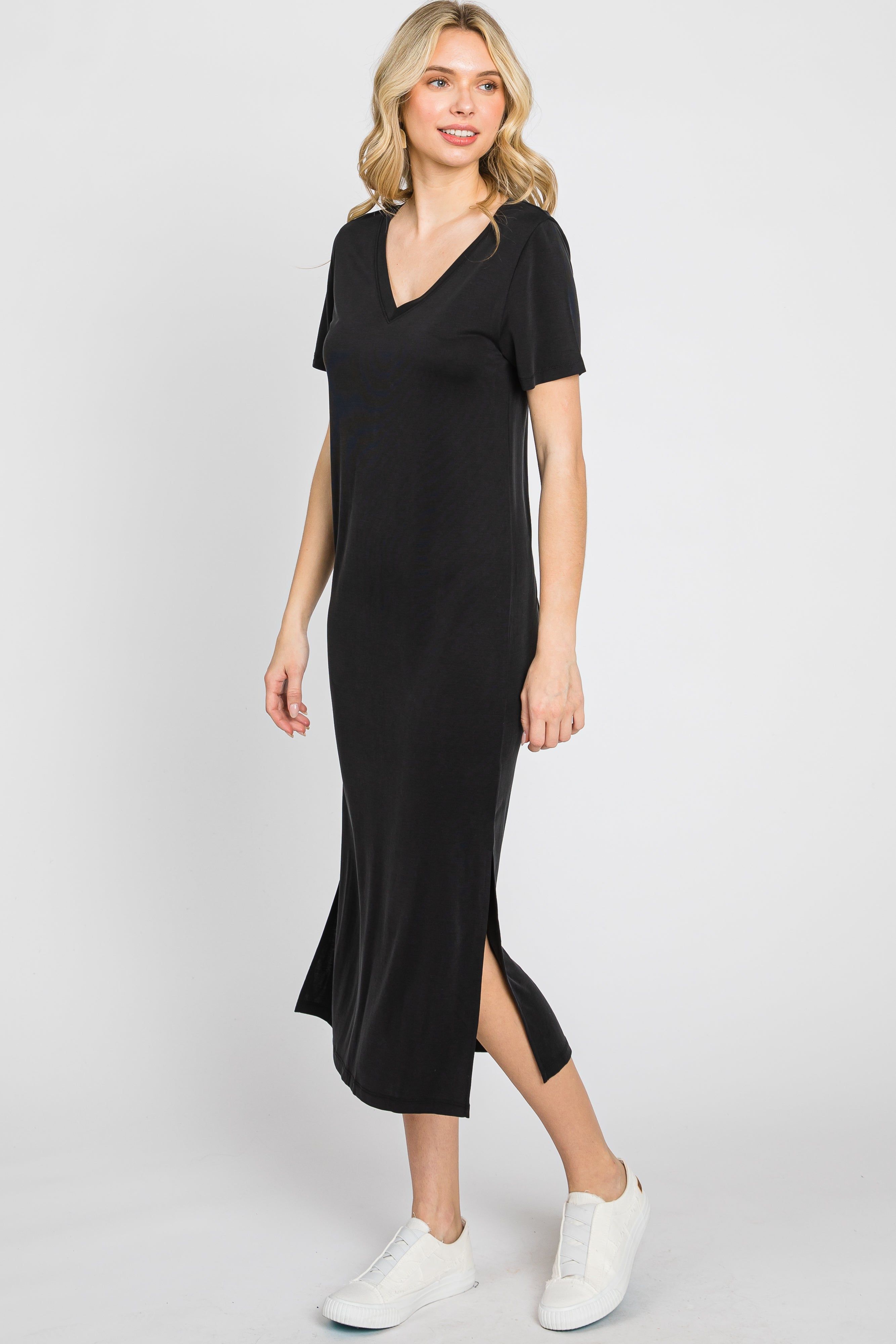 Black V-Neck Short Sleeve Side Slit Midi Dress sold by Pinkblush product image thumbnail 4