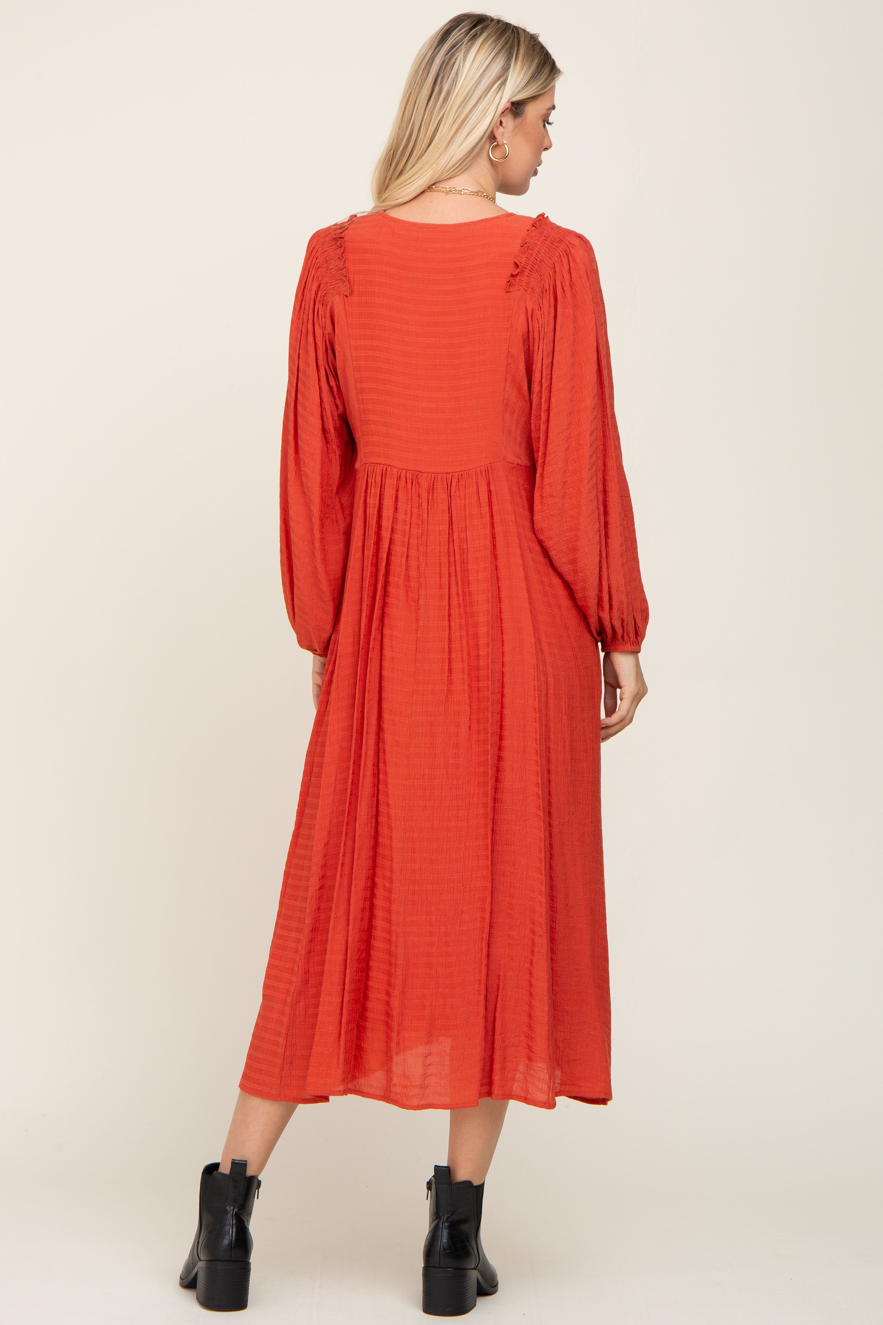 Rust V-Neck Smocked Accent Maxi Dress sold by Pinkblush product image thumbnail 3