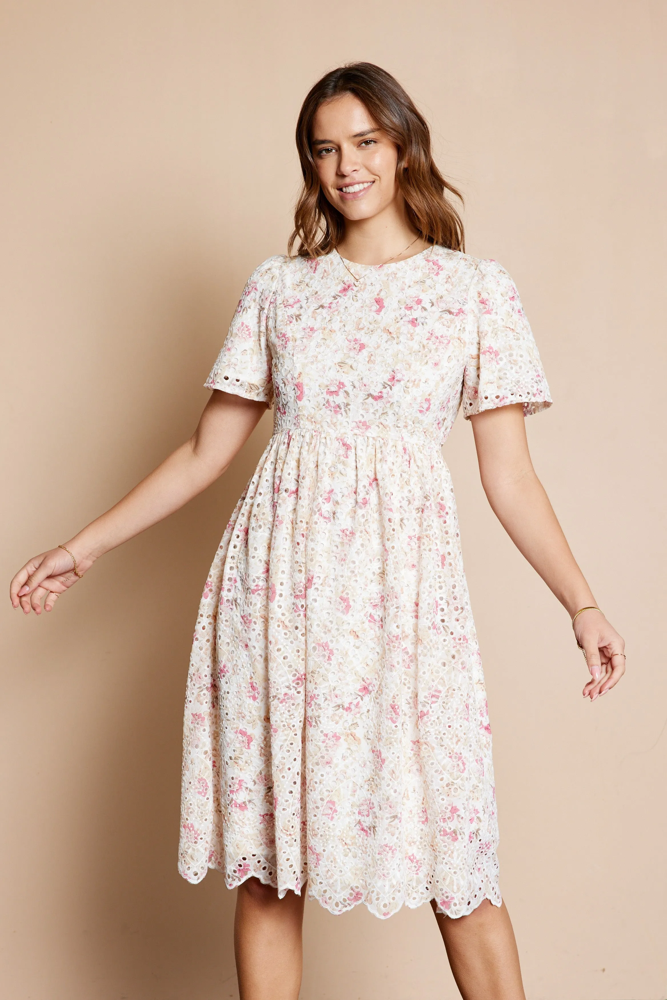 Ivory Floral Embroidered Eyelet Midi Dress sold by Pinkblush