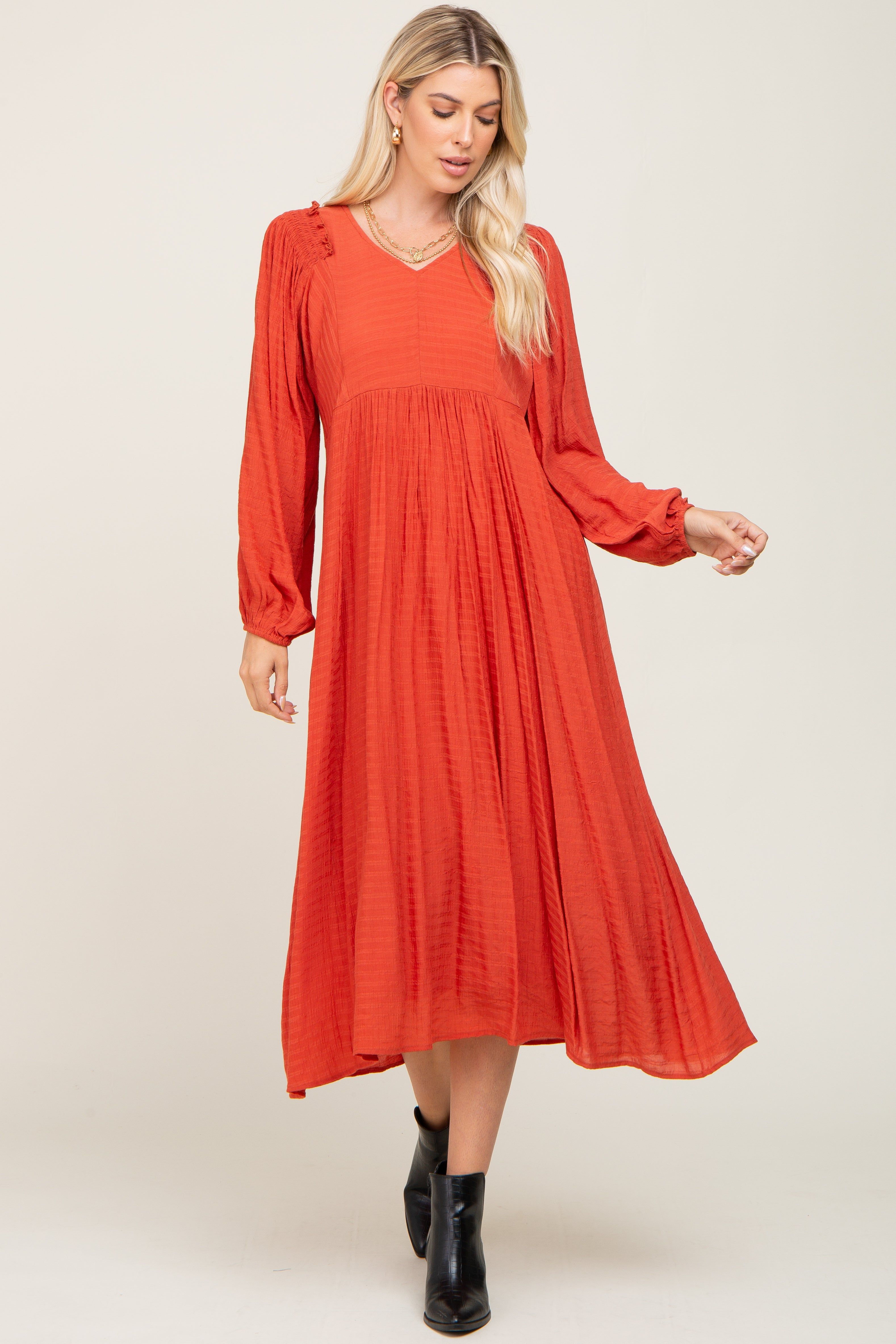 Rust V-Neck Smocked Accent Maxi Dress sold by Pinkblush