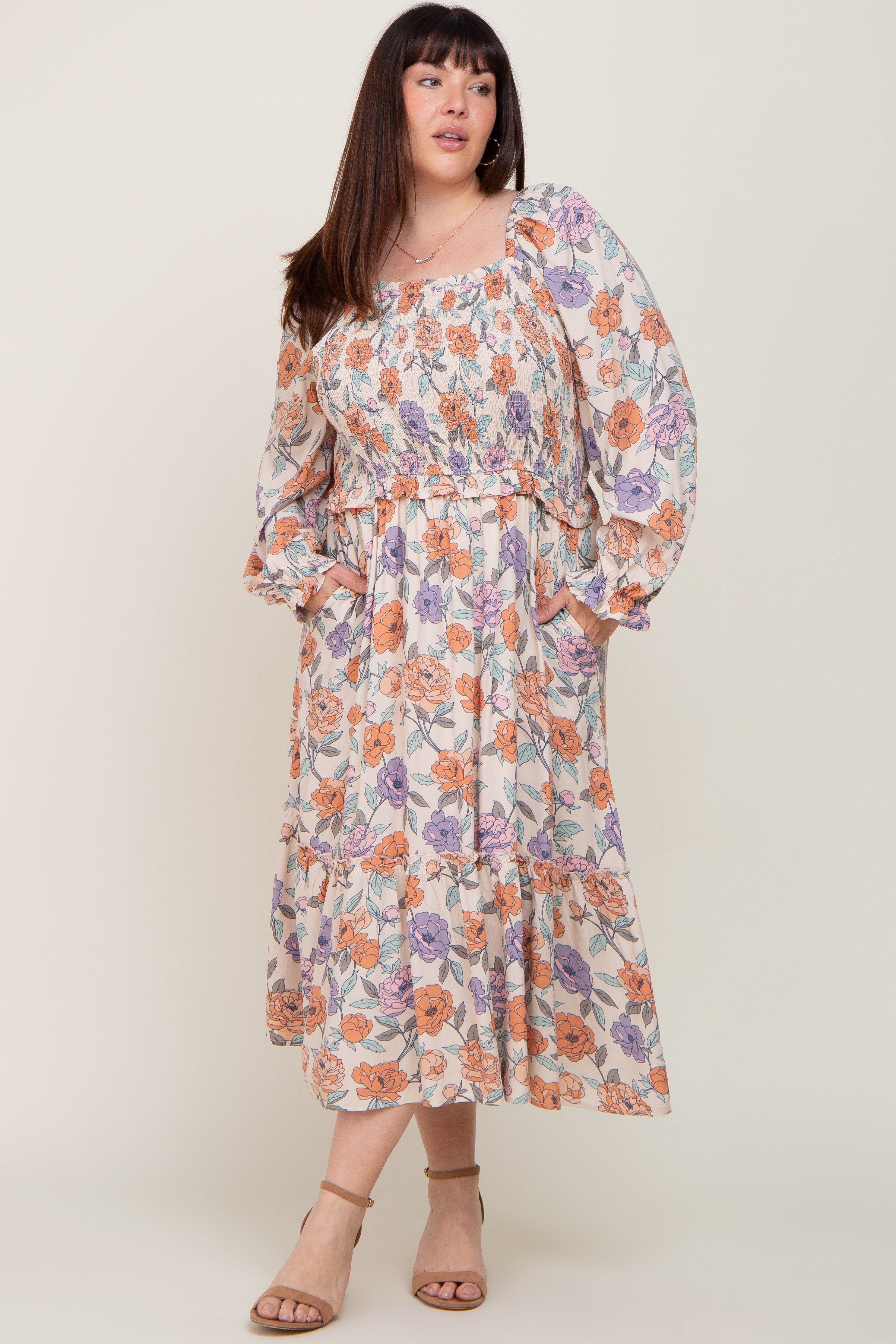 Taupe Multi-Color Floral Plus Midi Dress sold by Pinkblush product image thumbnail 4