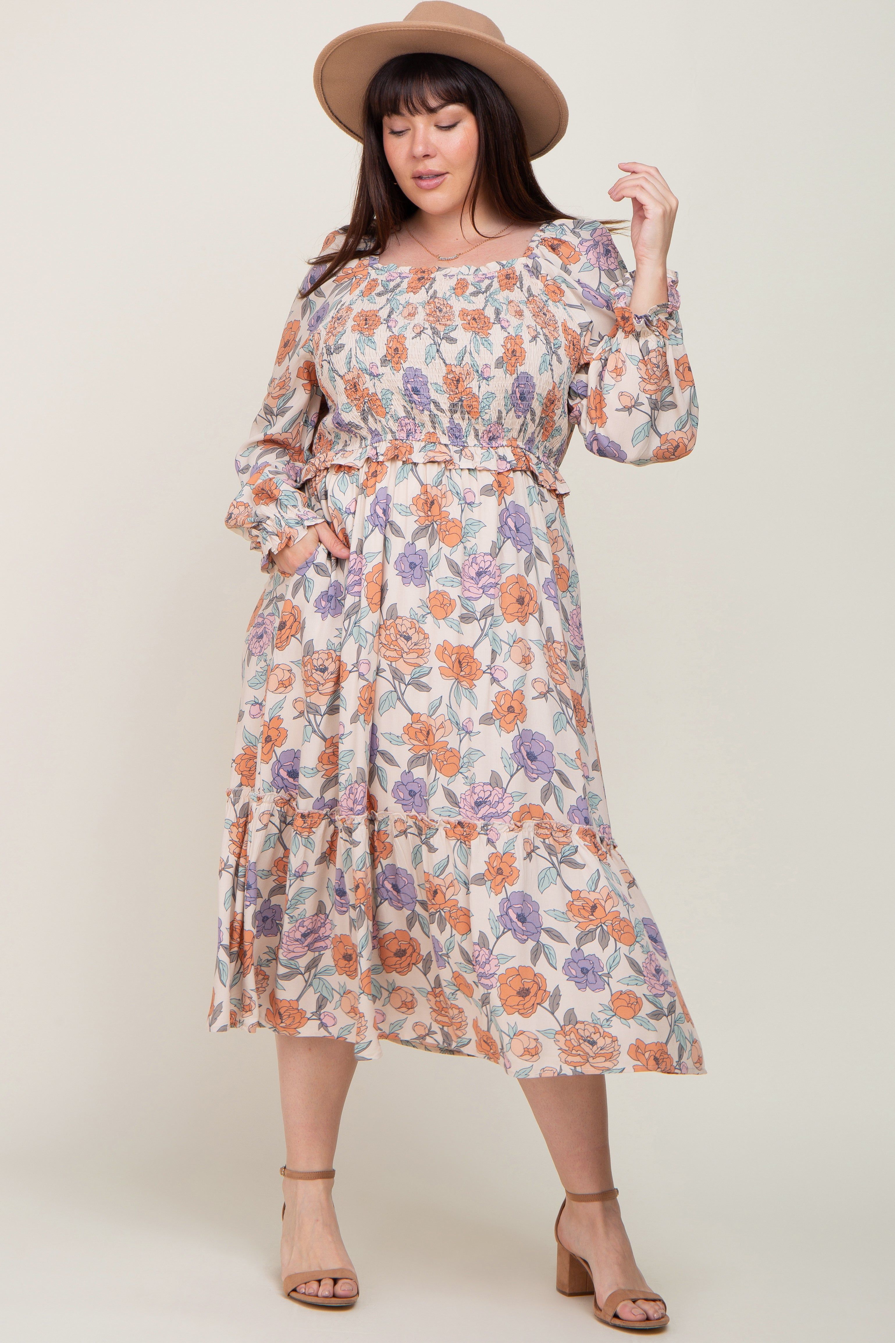 Taupe Multi-Color Floral Plus Midi Dress sold by Pinkblush