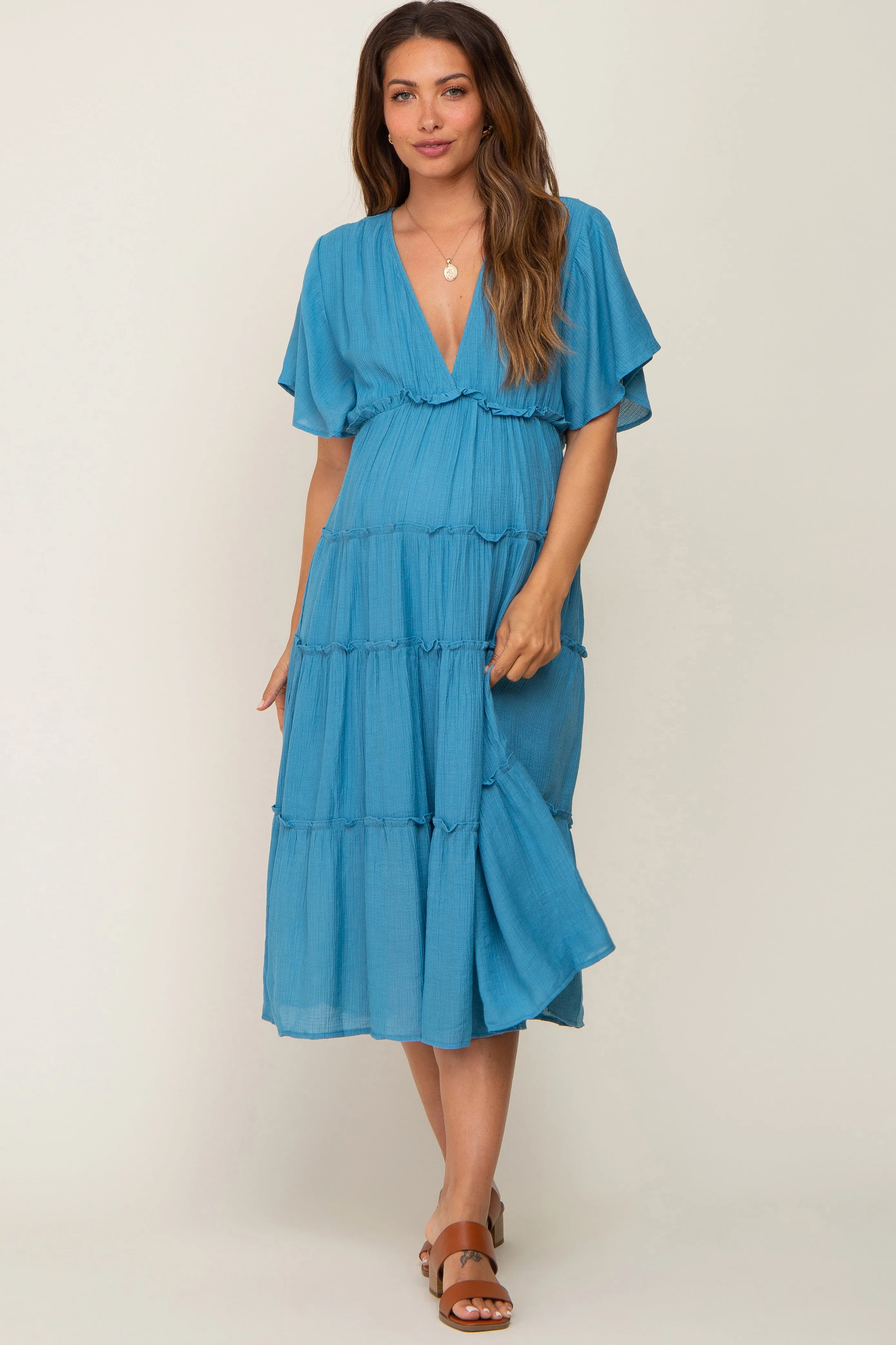 Blue Ruffle Tiered V-Neck Maternity Midi Dress sold by Pinkblush