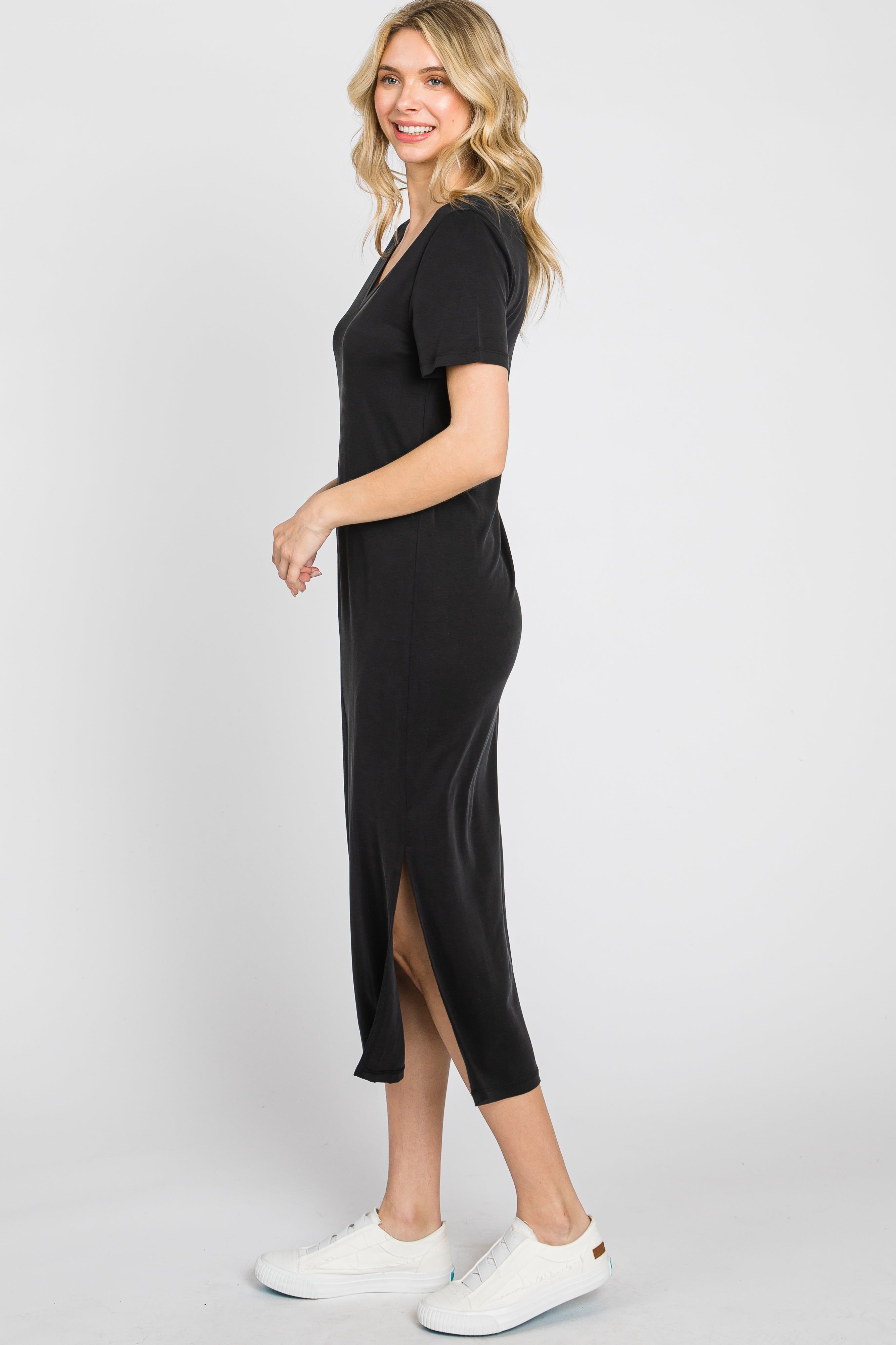 Black V-Neck Short Sleeve Side Slit Midi Dress sold by Pinkblush product image thumbnail 2