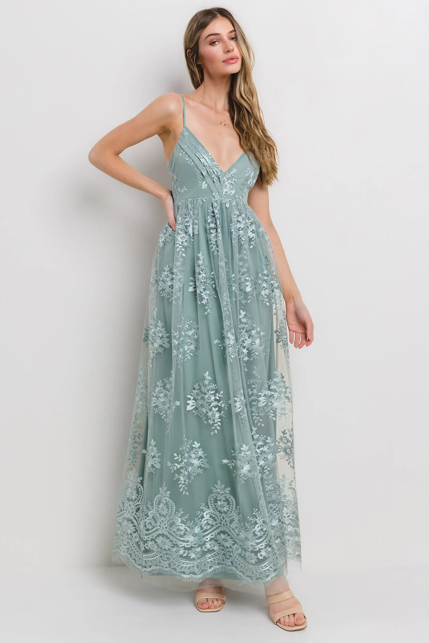Mint Green Floral Lace Overlay Maxi Dress sold by Pinkblush