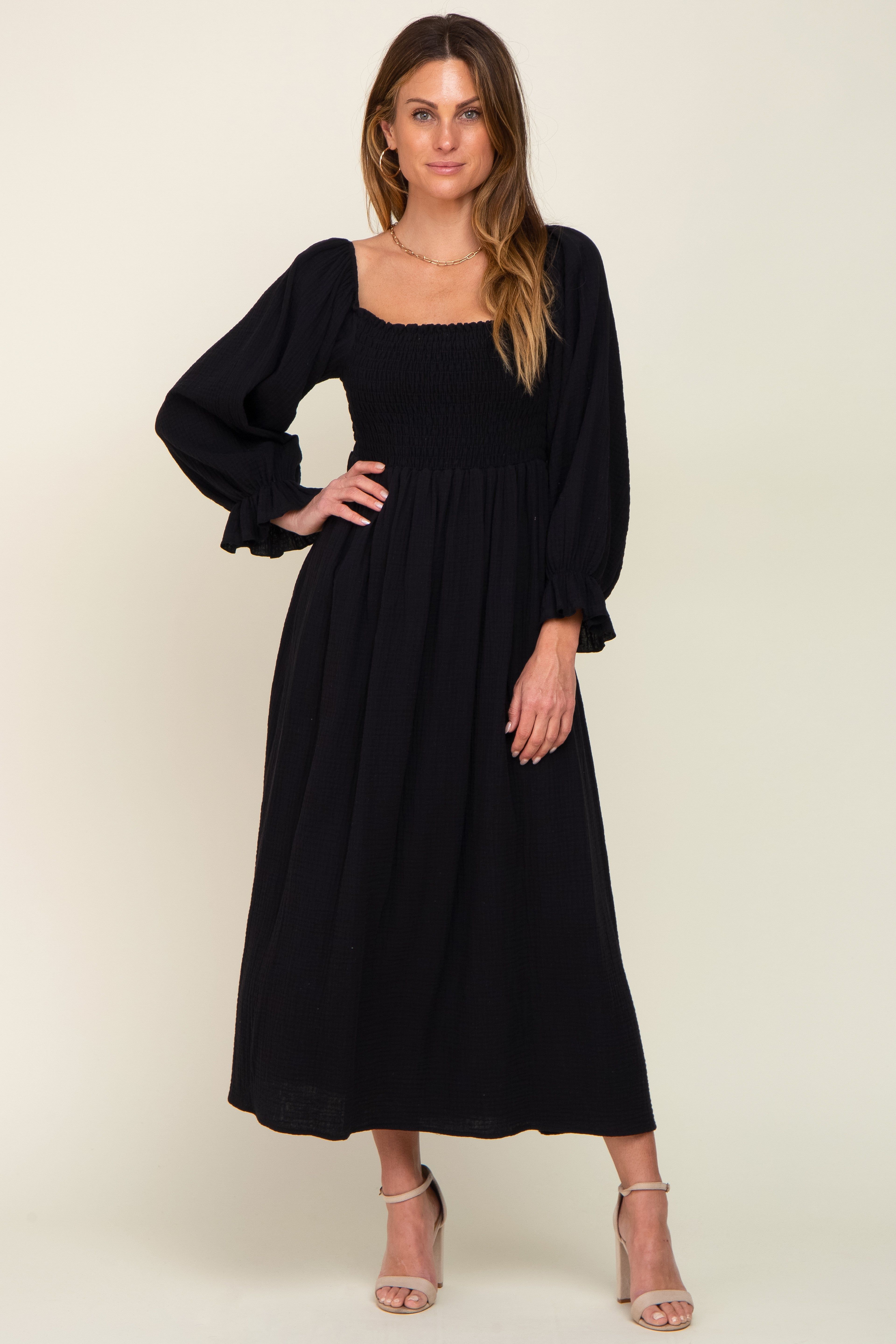 Black Gauze Smocked Midi Dress sold by Pinkblush product image thumbnail 4