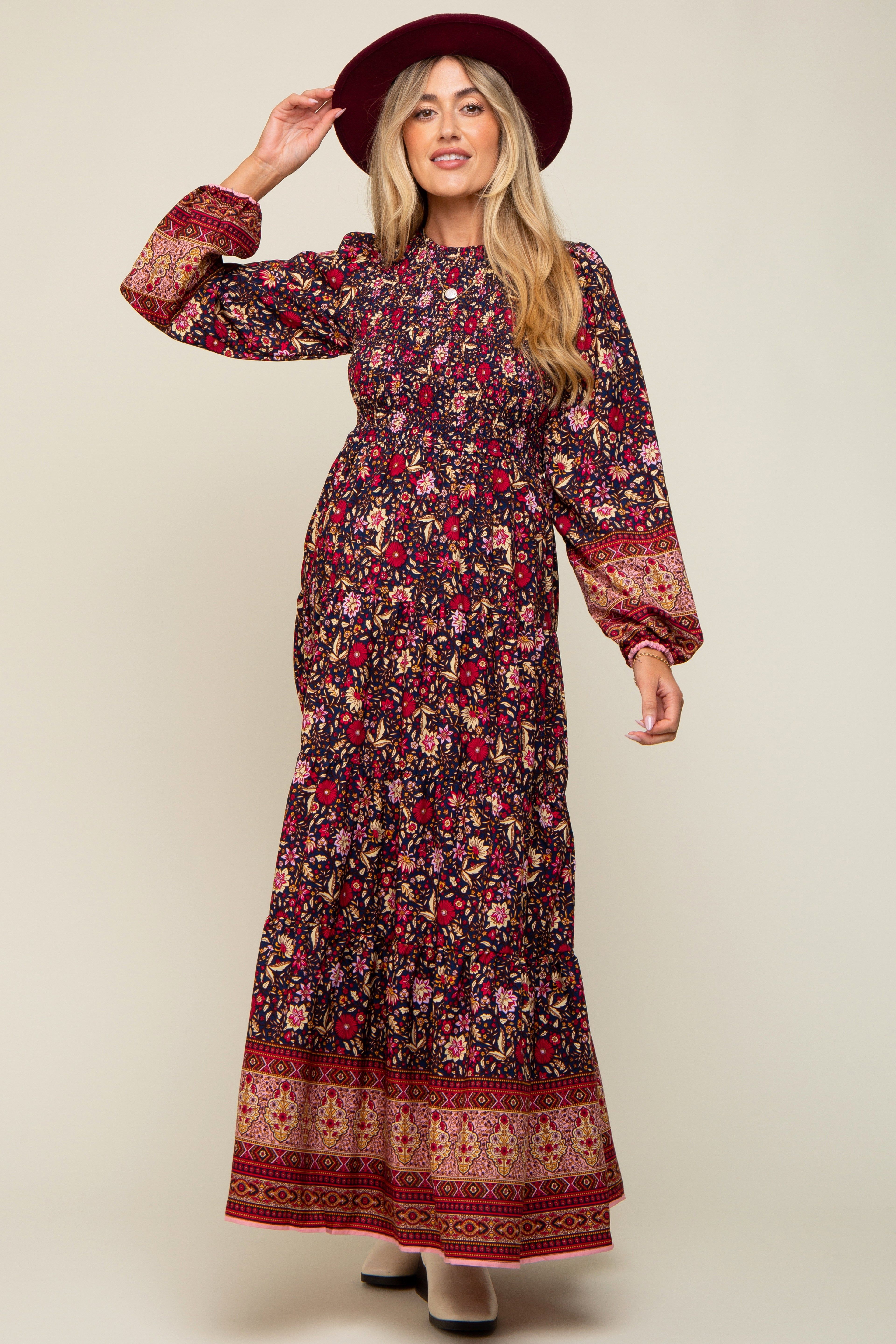 Navy Blue Floral Smocked Tiered Maternity Maxi Dress sold by Pinkblush product image thumbnail 5