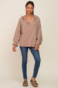 Mocha V-Neck Drawstring Hooded Top sold by Pinkblush