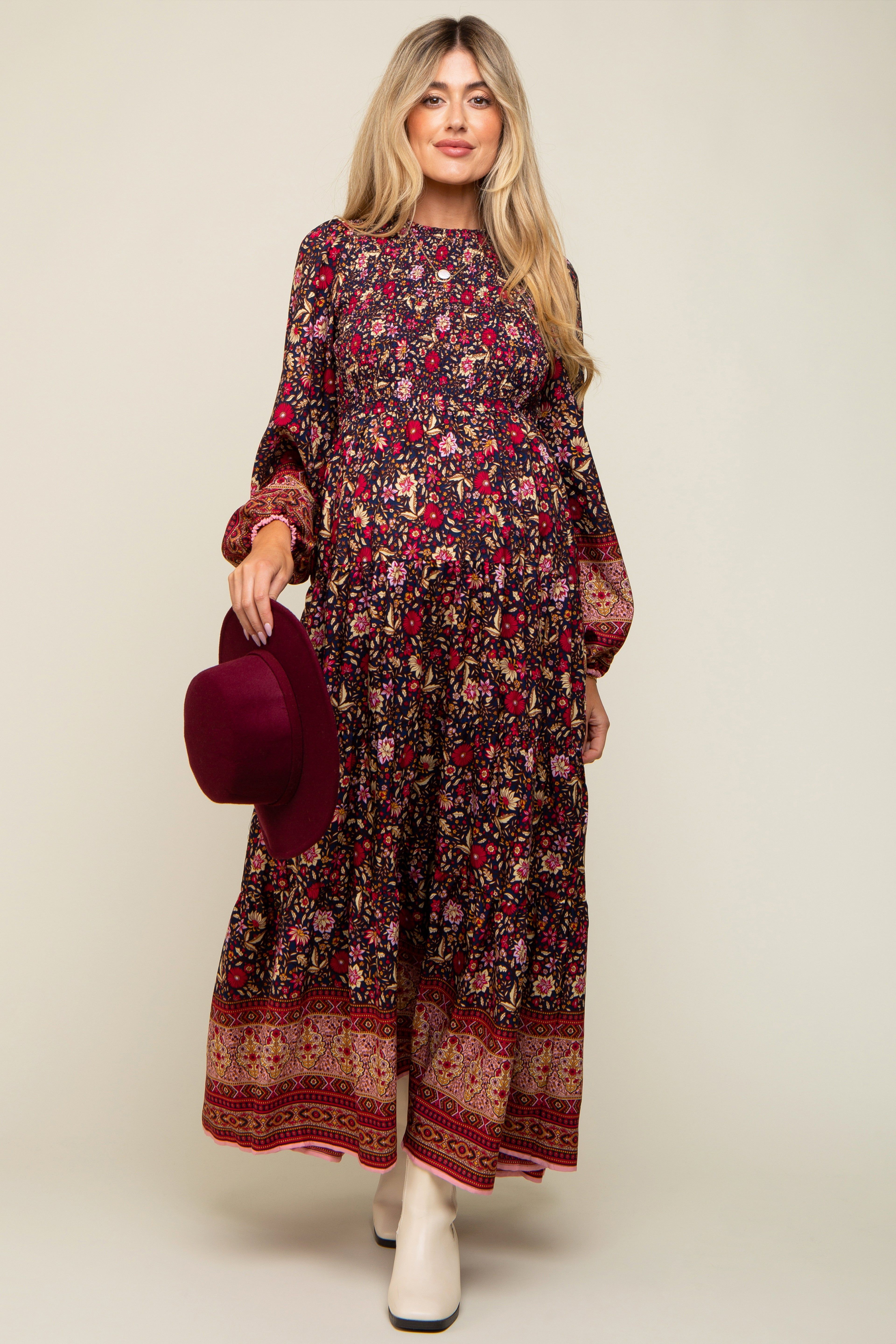 Navy Blue Floral Smocked Tiered Maternity Maxi Dress sold by Pinkblush product image thumbnail 2