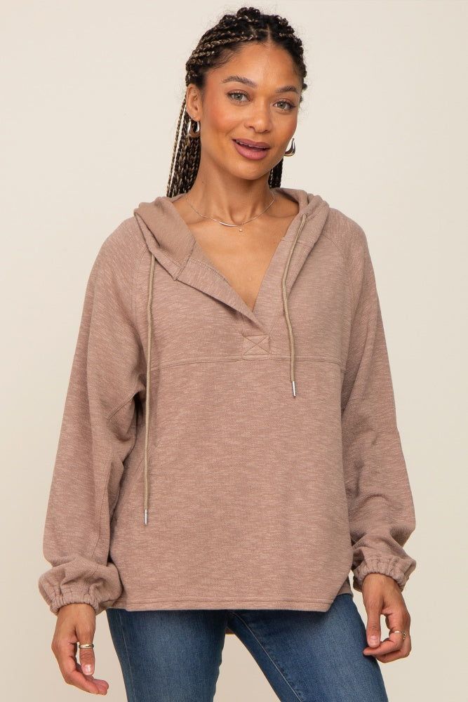 Mocha V-Neck Drawstring Hooded Top sold by Pinkblush