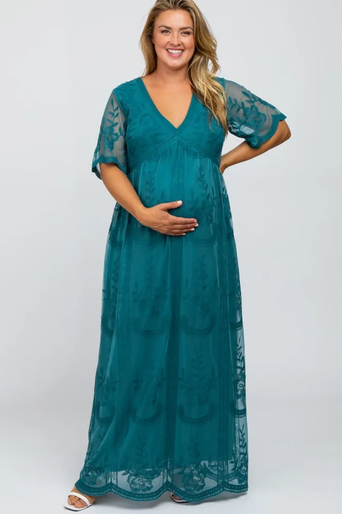 Teal Lace Mesh Overlay Maternity Plus Maxi Dress sold by Pinkblush