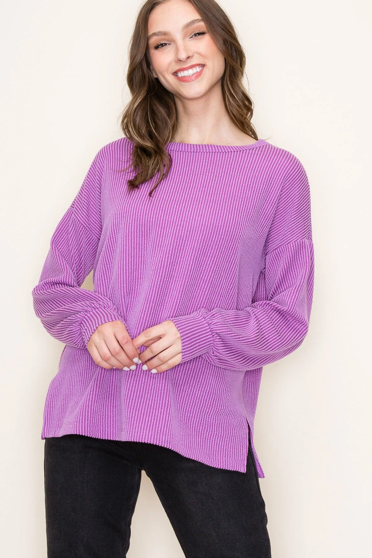 Magenta Ribbed Long Sleeve Top sold by Pinkblush