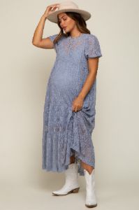 Blue Lace Tiered Maternity Midi Dress sold by Pinkblush