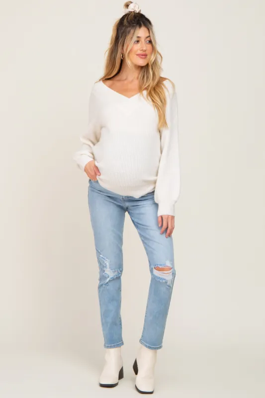 Light Blue Ripped Knee Maternity Skinny Jeans sold by Pinkblush