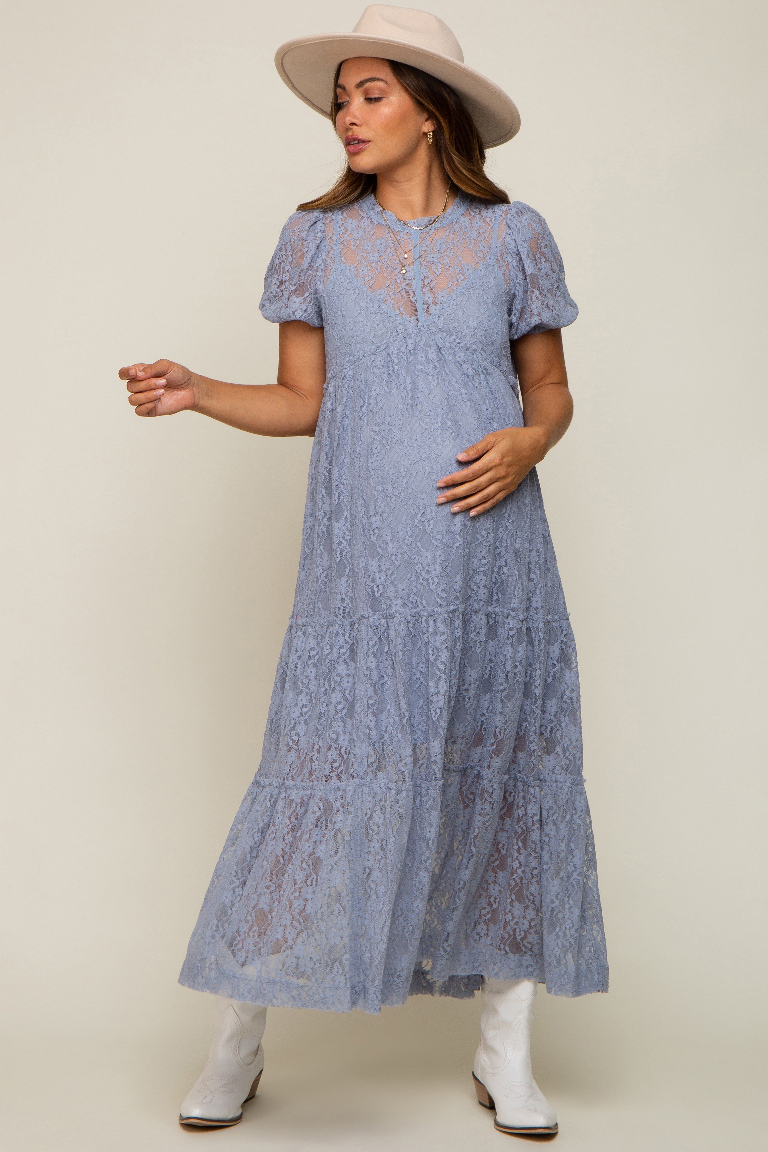 Blue Lace Tiered Maternity Midi Dress sold by Pinkblush
