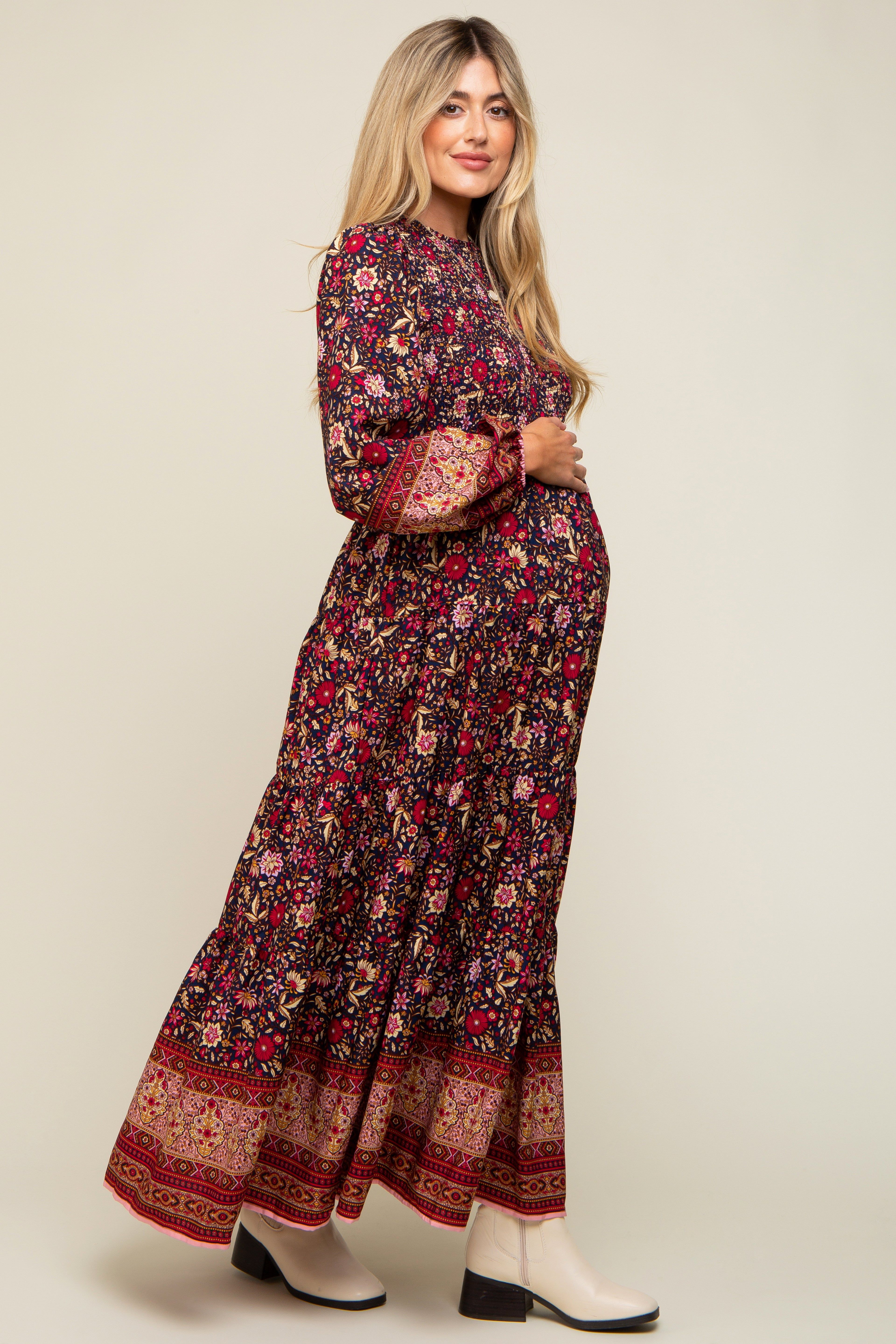 Navy Blue Floral Smocked Tiered Maternity Maxi Dress sold by Pinkblush product image thumbnail 3