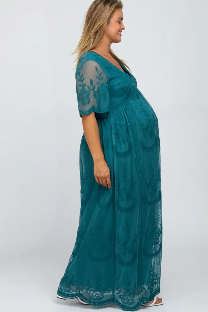 Teal Lace Mesh Overlay Maternity Plus Maxi Dress sold by Pinkblush product image thumbnail 2