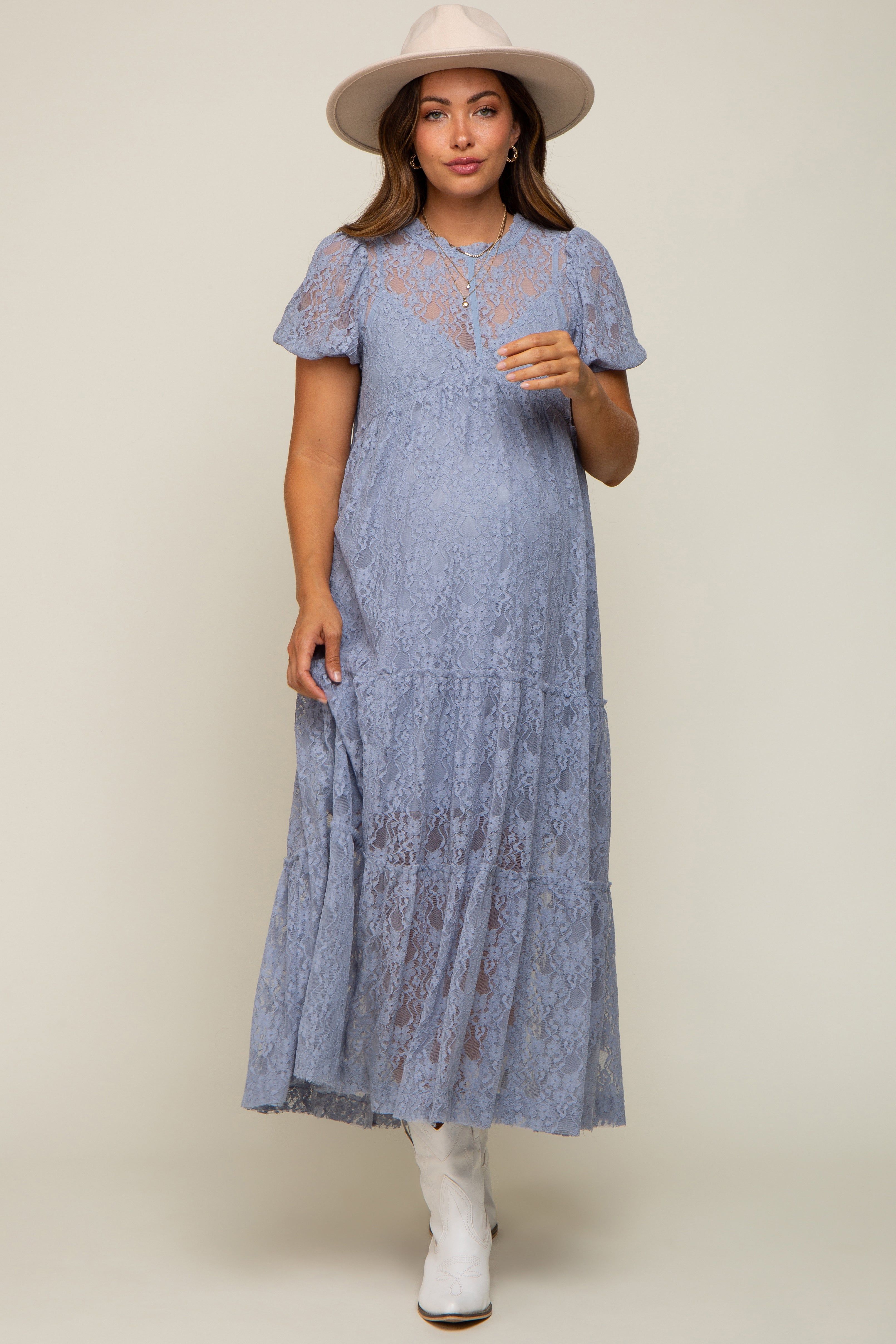 Blue Lace Tiered Maternity Midi Dress sold by Pinkblush product image thumbnail 5