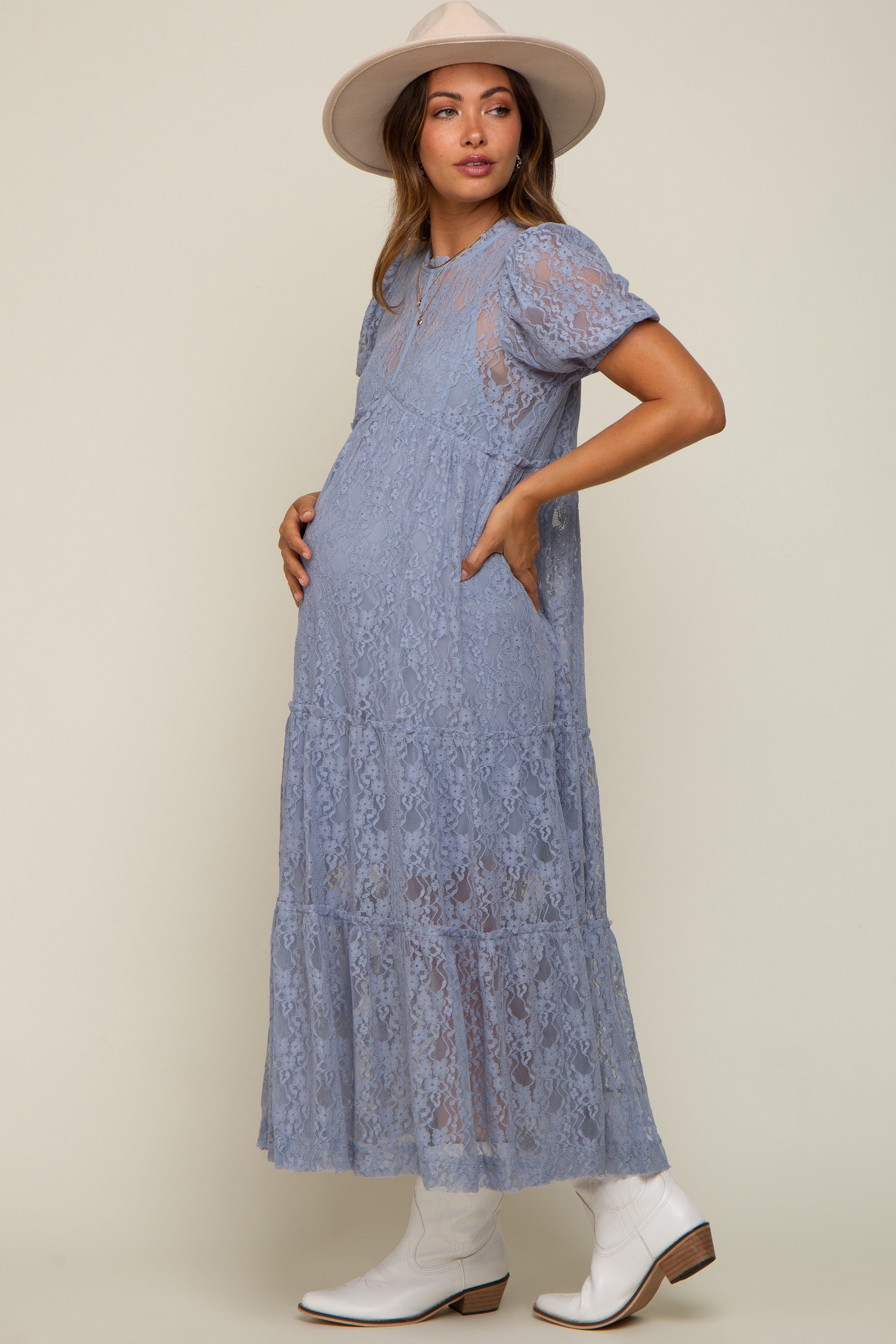 Blue Lace Tiered Maternity Midi Dress sold by Pinkblush product image thumbnail 2