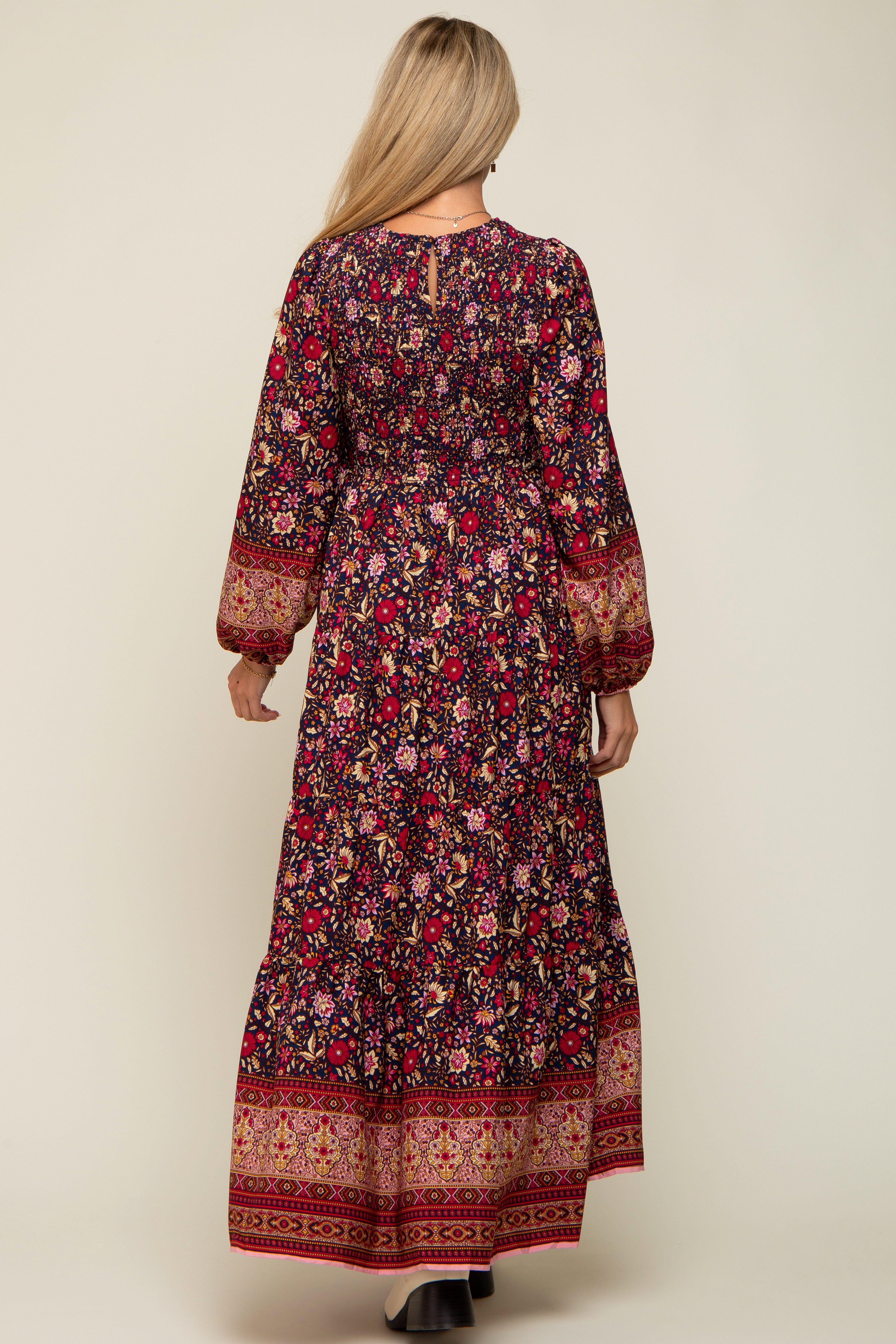 Navy Blue Floral Smocked Tiered Maternity Maxi Dress sold by Pinkblush product image thumbnail 4