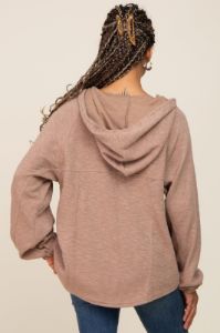 Mocha V-Neck Drawstring Hooded Top sold by Pinkblush