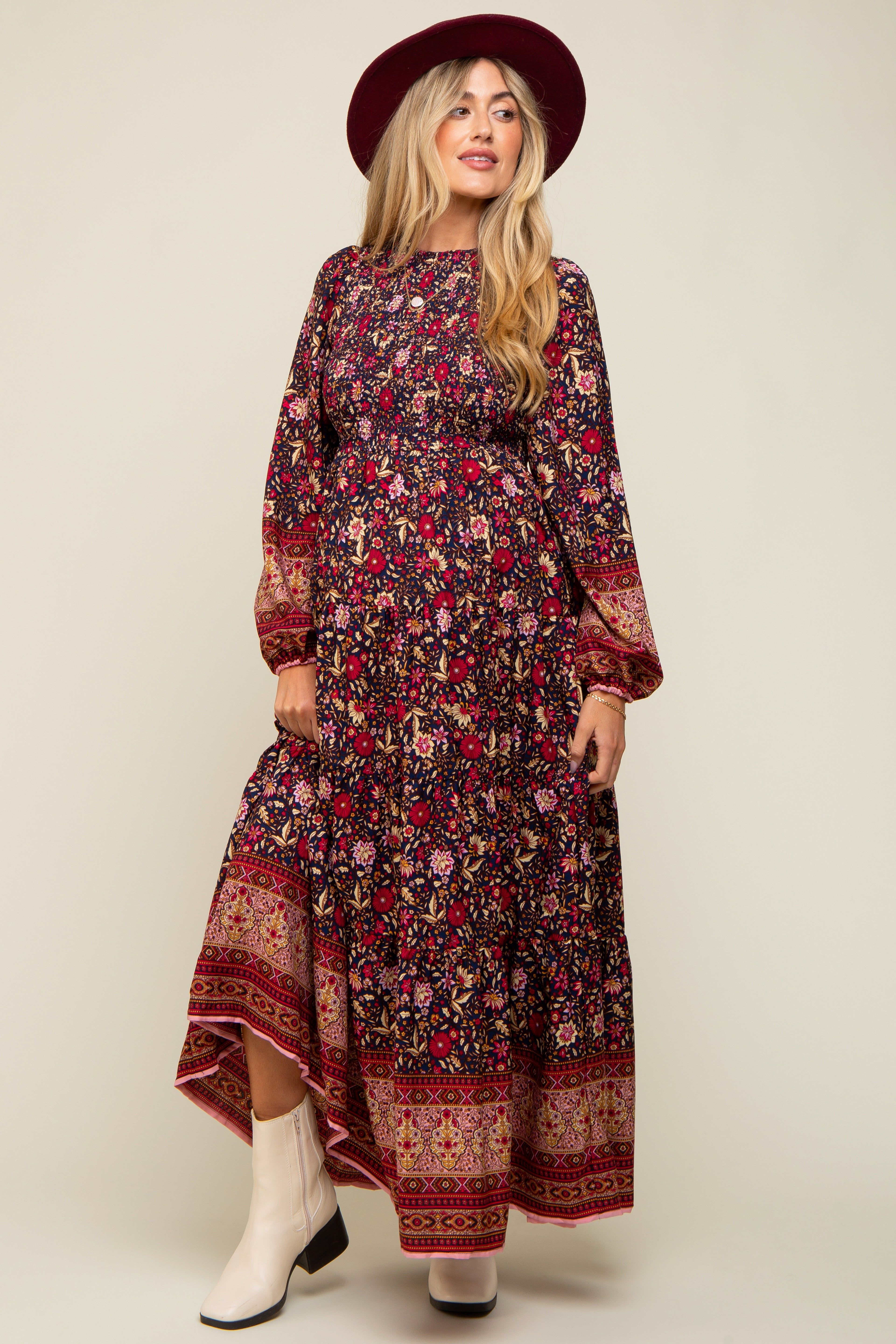 Navy Blue Floral Smocked Tiered Maternity Maxi Dress sold by Pinkblush