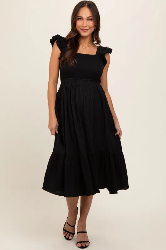 Black Striped Flutter Sleeve Maternity Midi Dress sold by Pinkblush