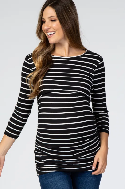 Black Striped Ruched Maternity Nursing Top sold by Pinkblush