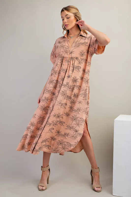 Peach Tiger Print Button Front Rounded Hem Midi Dress sold by Pinkblush