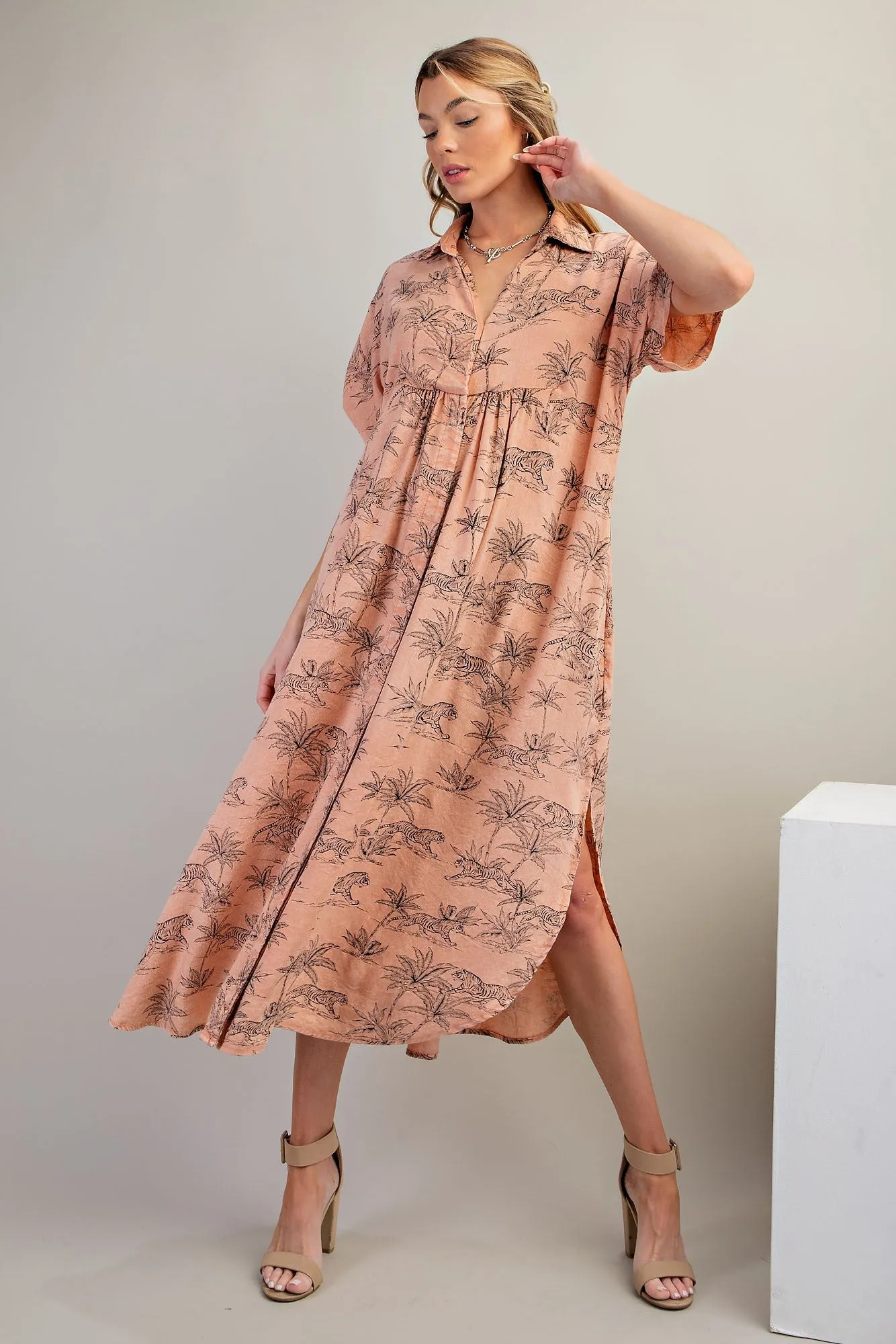 Peach Tiger Print Button Front Rounded Hem Midi Dress sold by Pinkblush