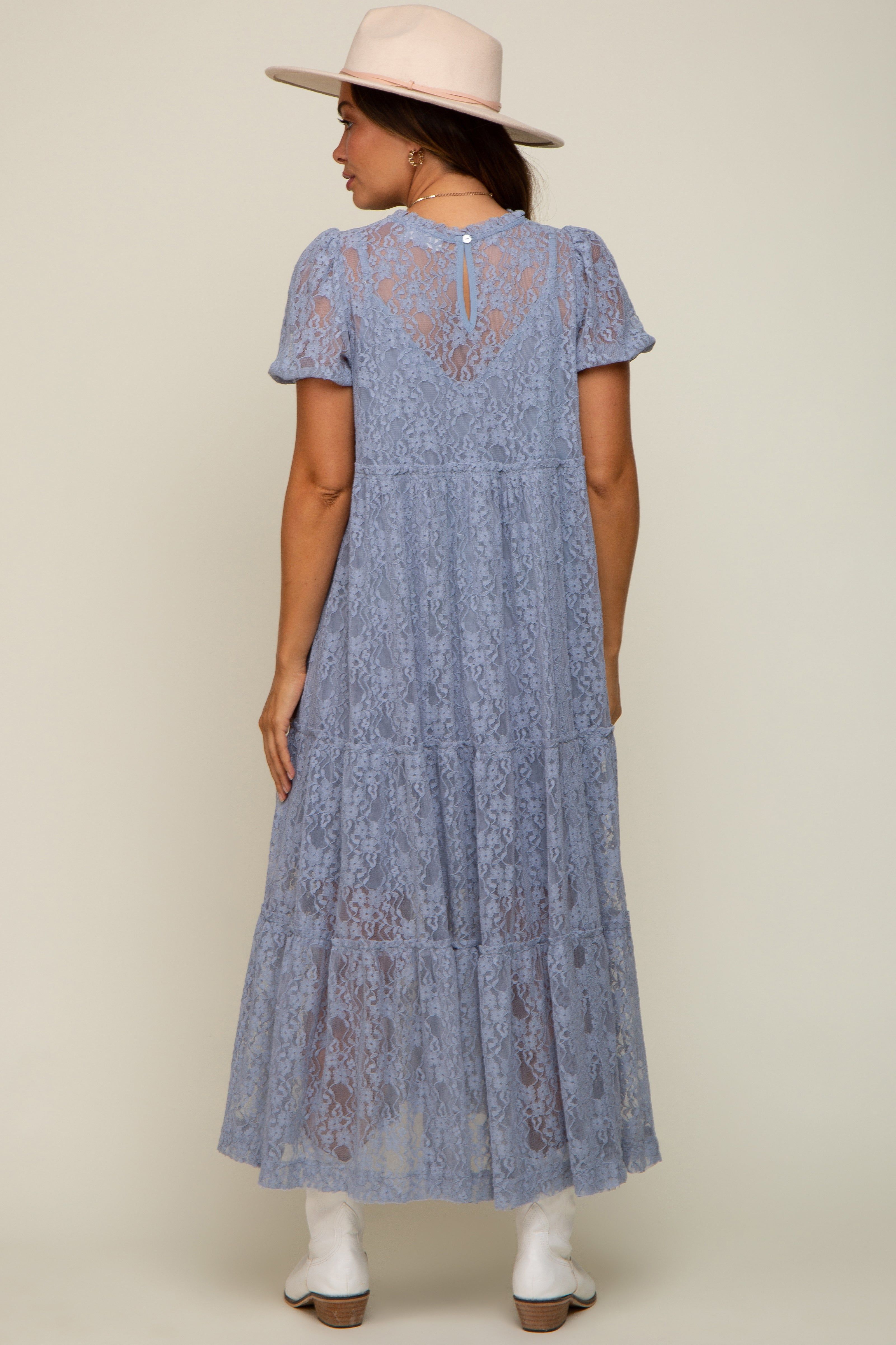 Blue Lace Tiered Maternity Midi Dress sold by Pinkblush product image thumbnail 3