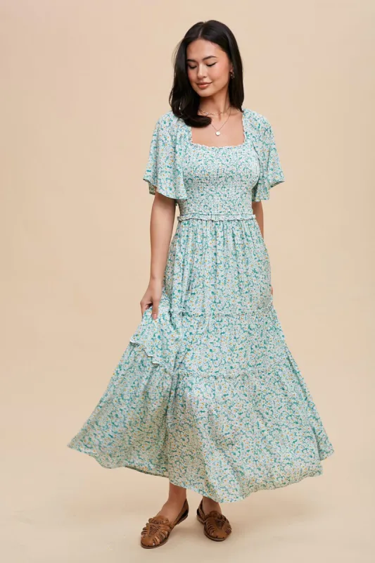Green Floral Smocked Tiered Maxi Dress sold by Pinkblush