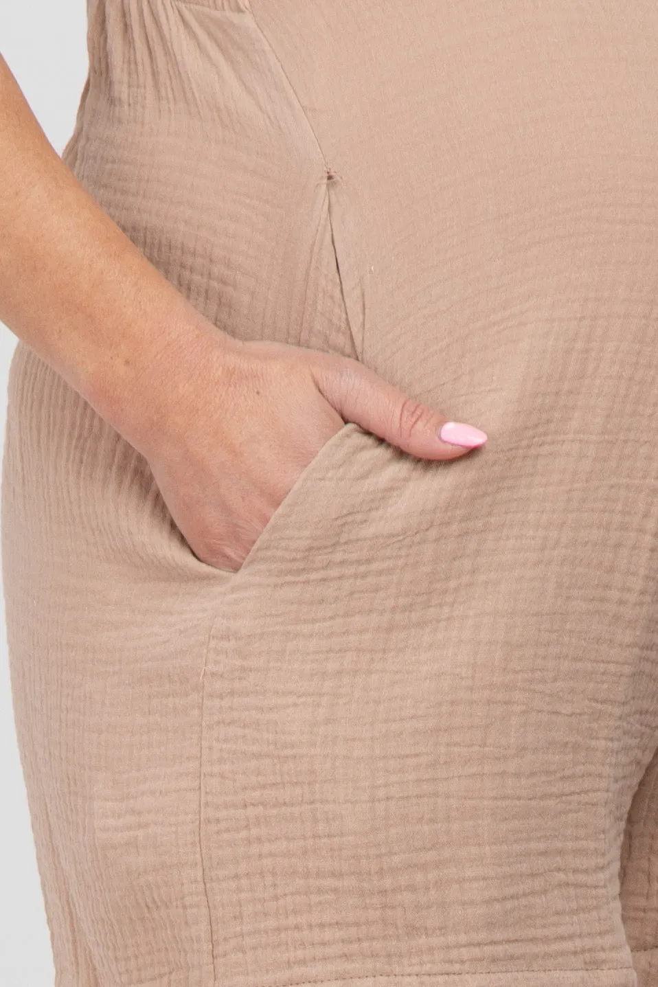 Beige Square Neck Elastic Strap Maternity Romper sold by Pinkblush product image thumbnail 4