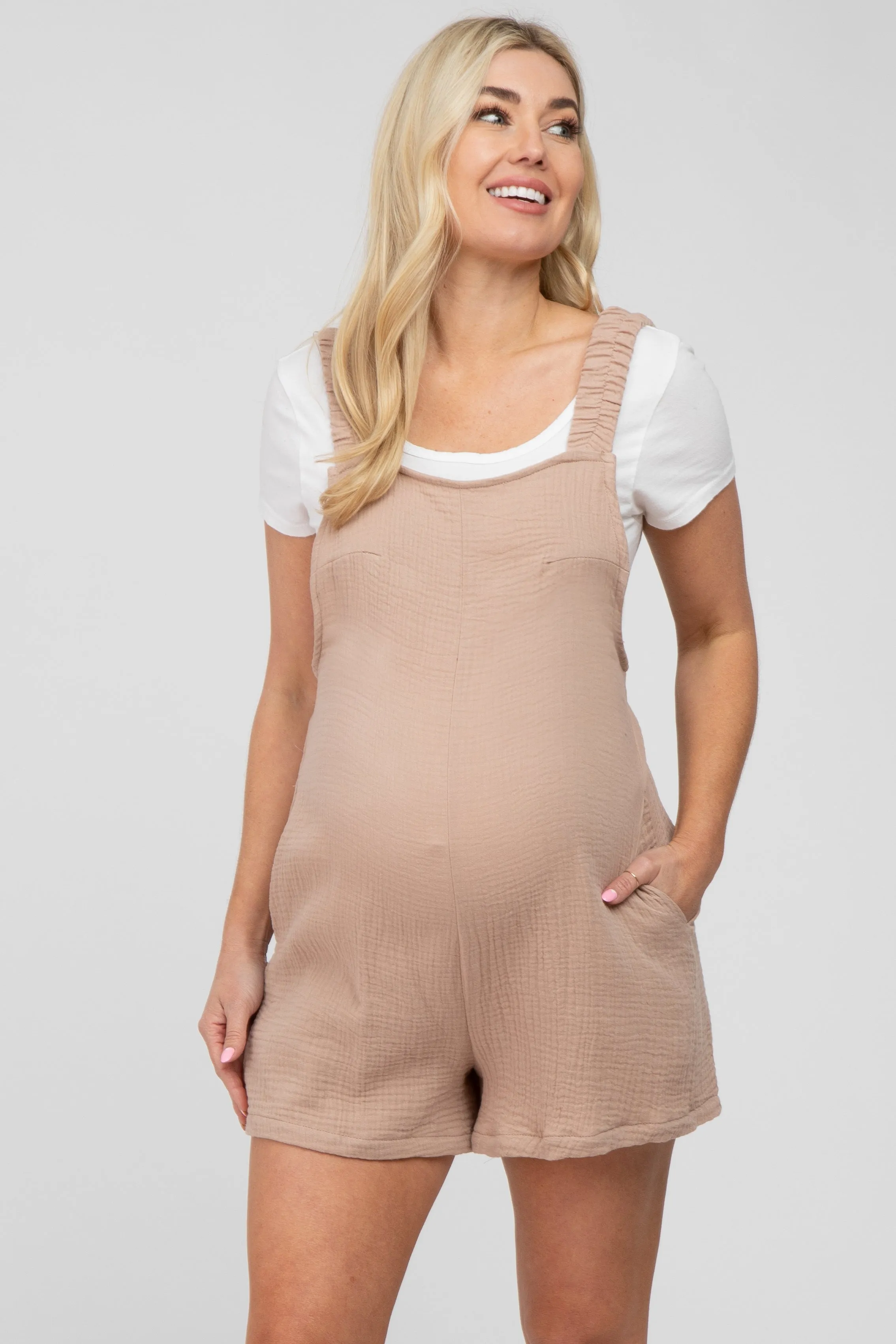 Beige Square Neck Elastic Strap Maternity Romper sold by Pinkblush