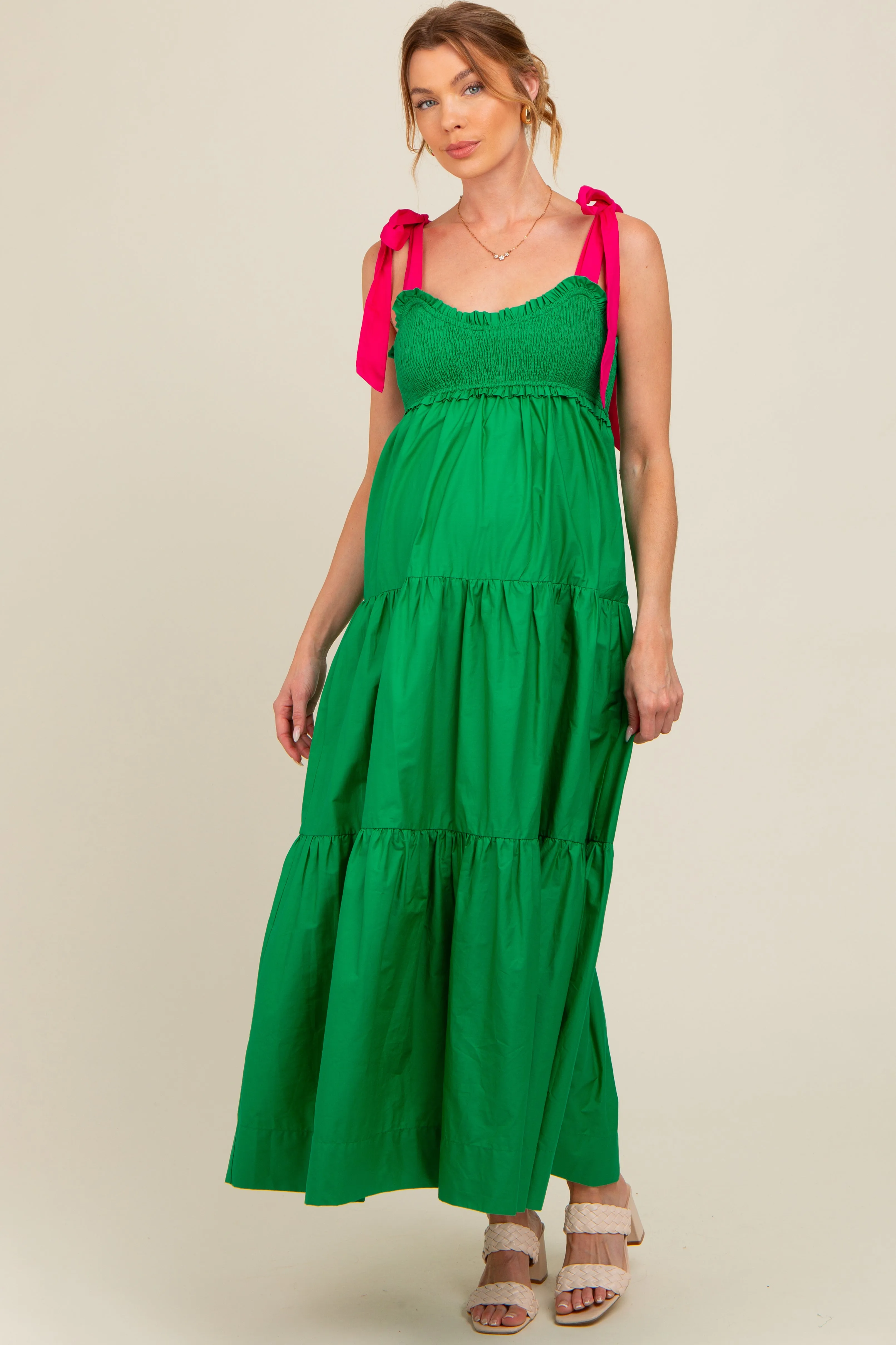 Green Contrast Shoulder Straps Maternity Maxi Dress sold by Pinkblush product image thumbnail 2