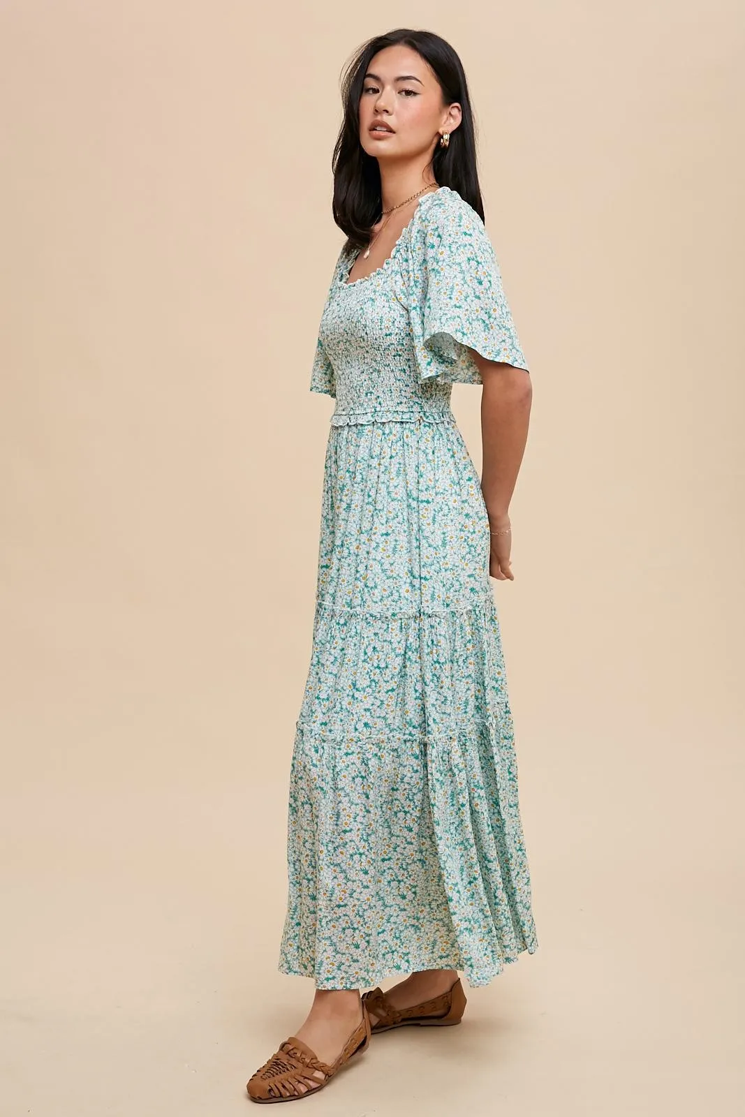 Green Floral Smocked Tiered Maxi Dress sold by Pinkblush product image thumbnail 2