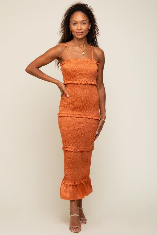 Orange Satin Smocked Fitted Midi Dress sold by Pinkblush product image thumbnail 4