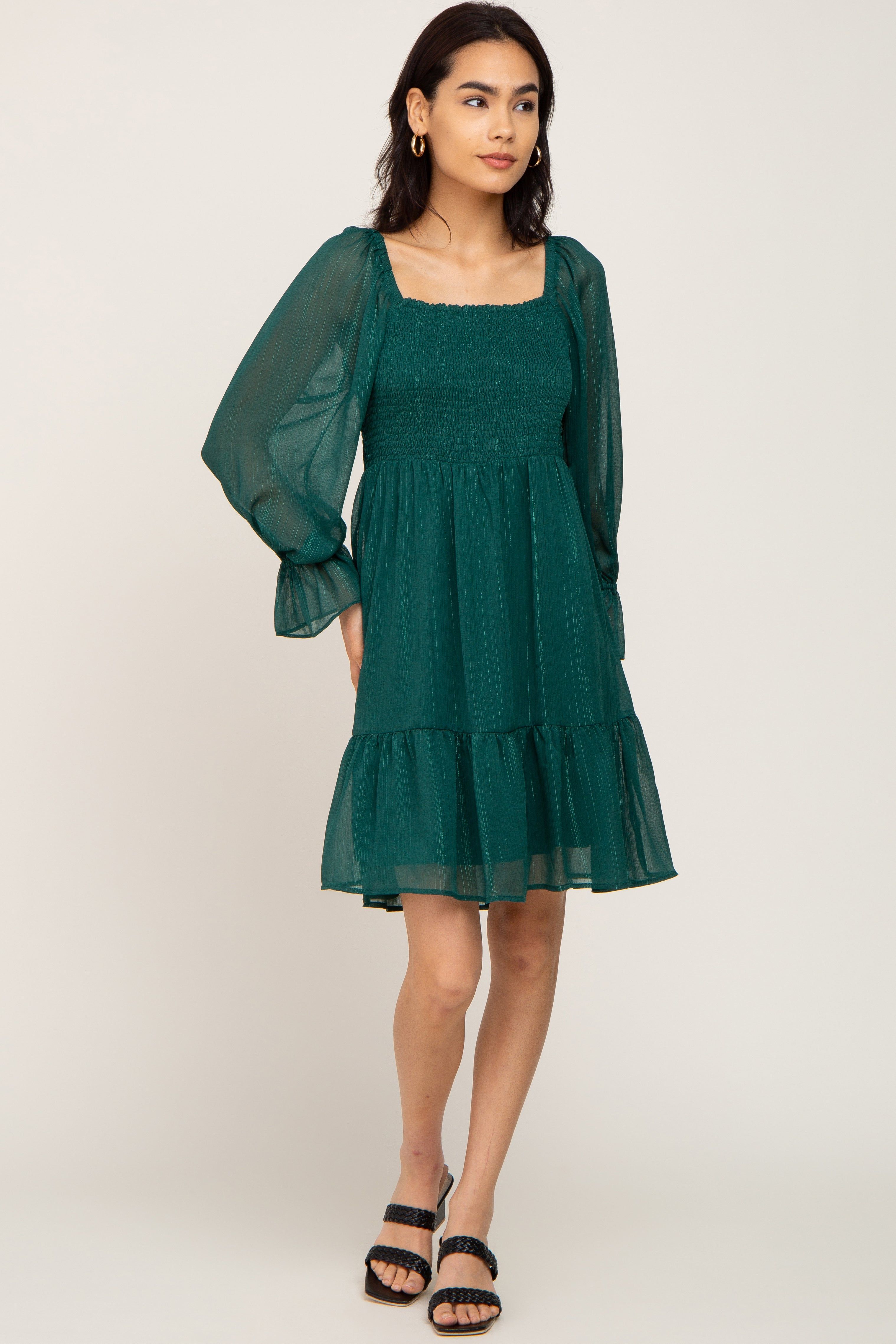 Forest Green Metallic Stripe Smocked Dress sold by Pinkblush product image thumbnail 4