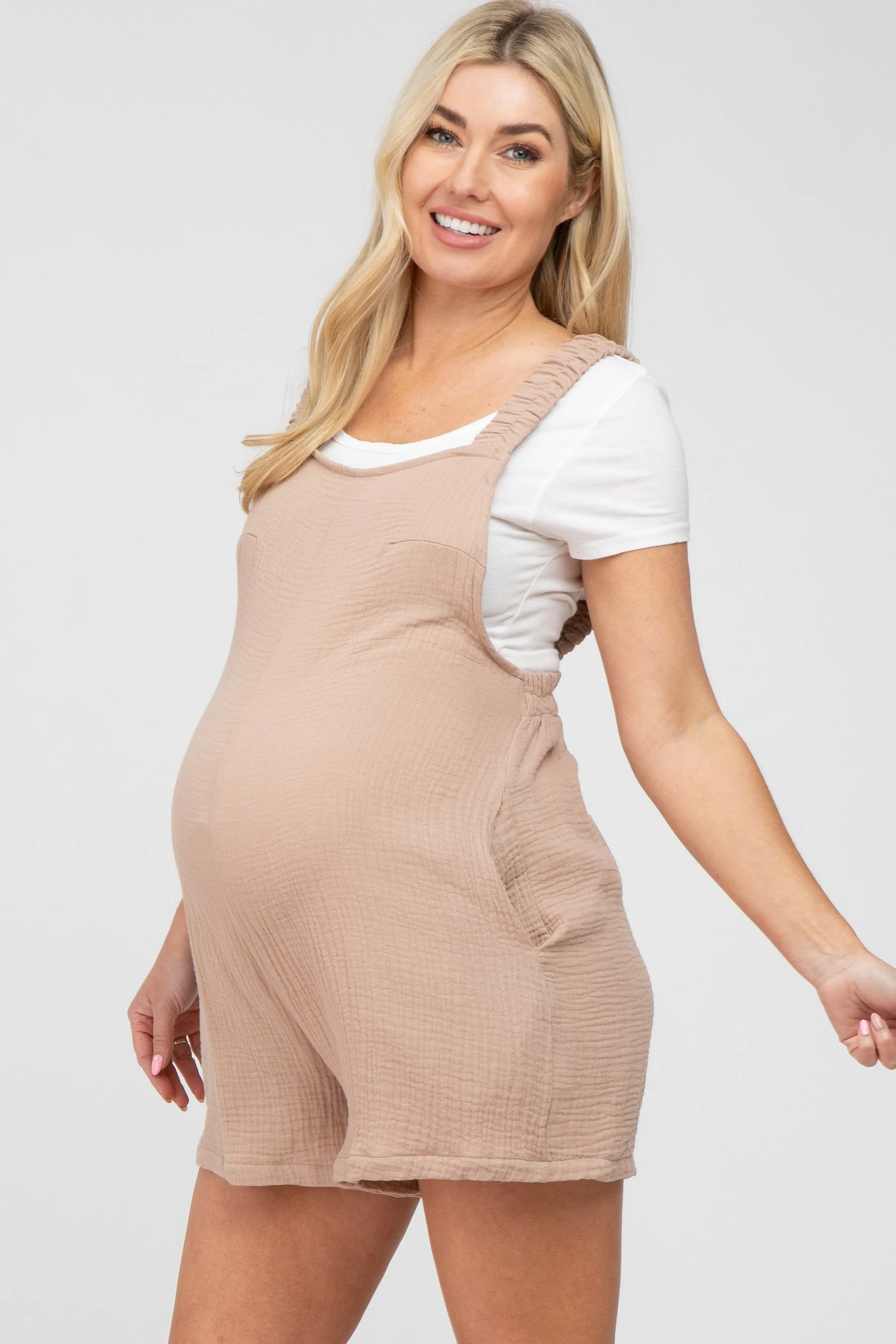 Beige Square Neck Elastic Strap Maternity Romper sold by Pinkblush product image thumbnail 2