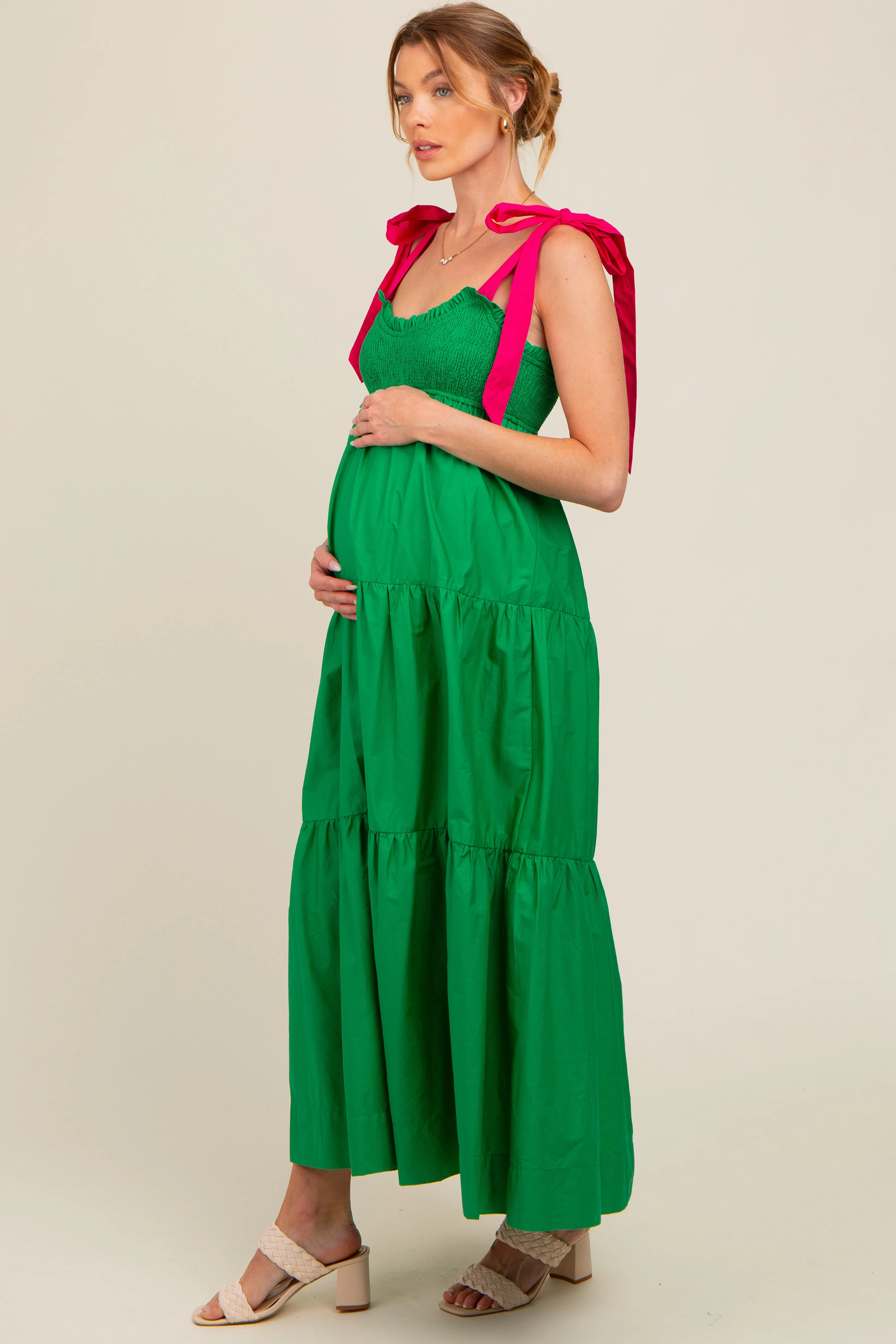 Green Contrast Shoulder Straps Maternity Maxi Dress sold by Pinkblush product image thumbnail 3