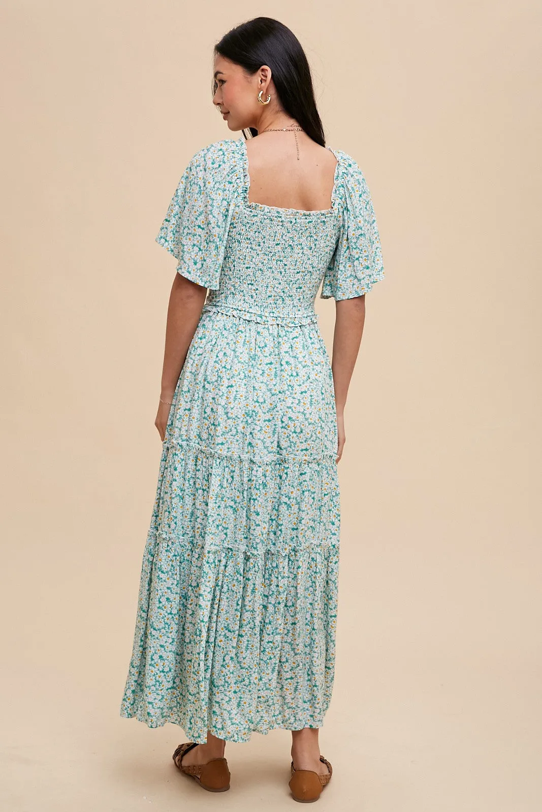 Green Floral Smocked Tiered Maxi Dress sold by Pinkblush product image thumbnail 3