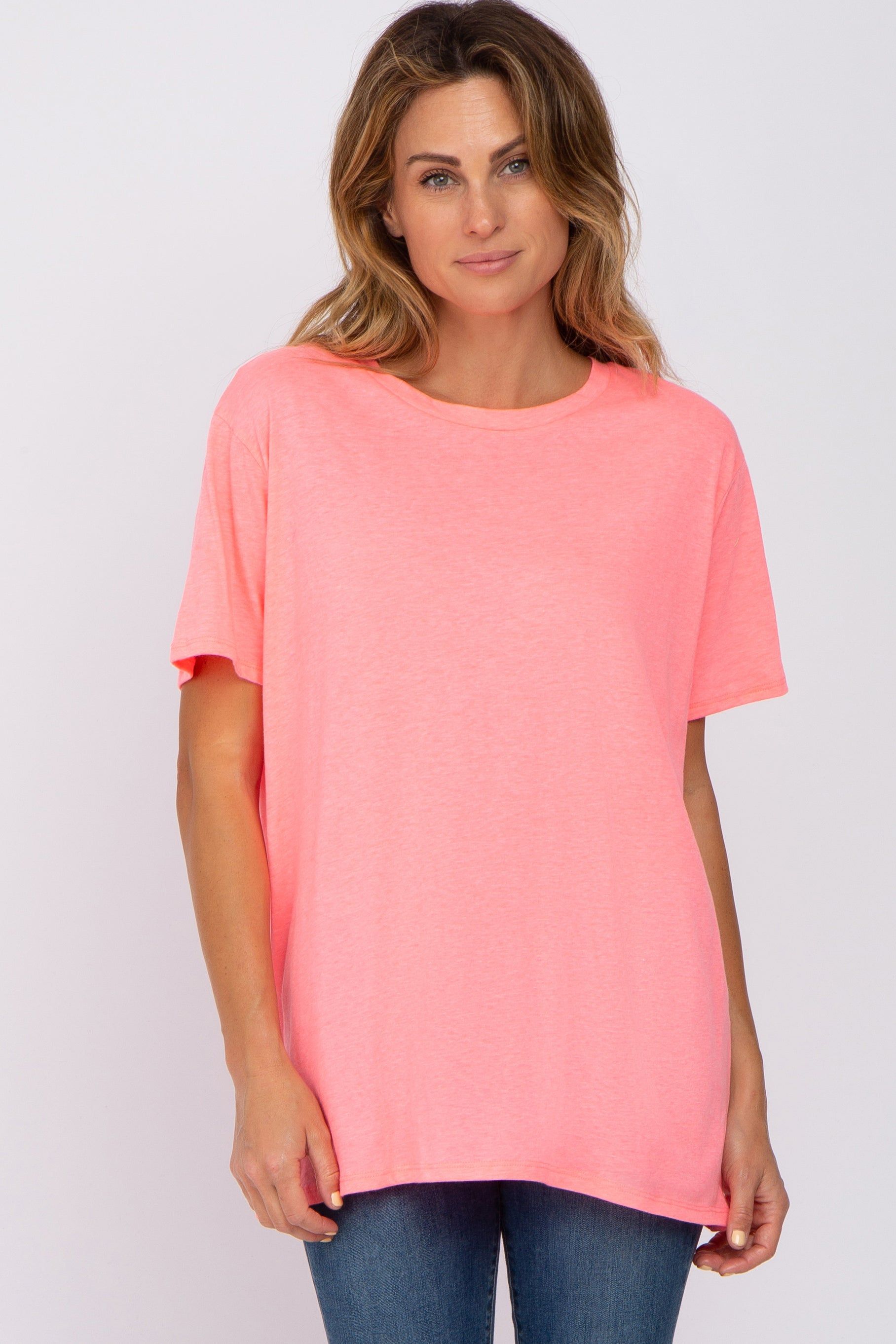 Neon Coral Oversized Short Sleeve Top sold by Pinkblush