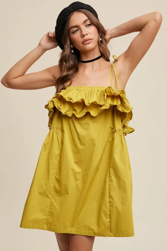 Lemon Grass Tiered Ruffle Tie Straps Poplin Dress sold by Pinkblush